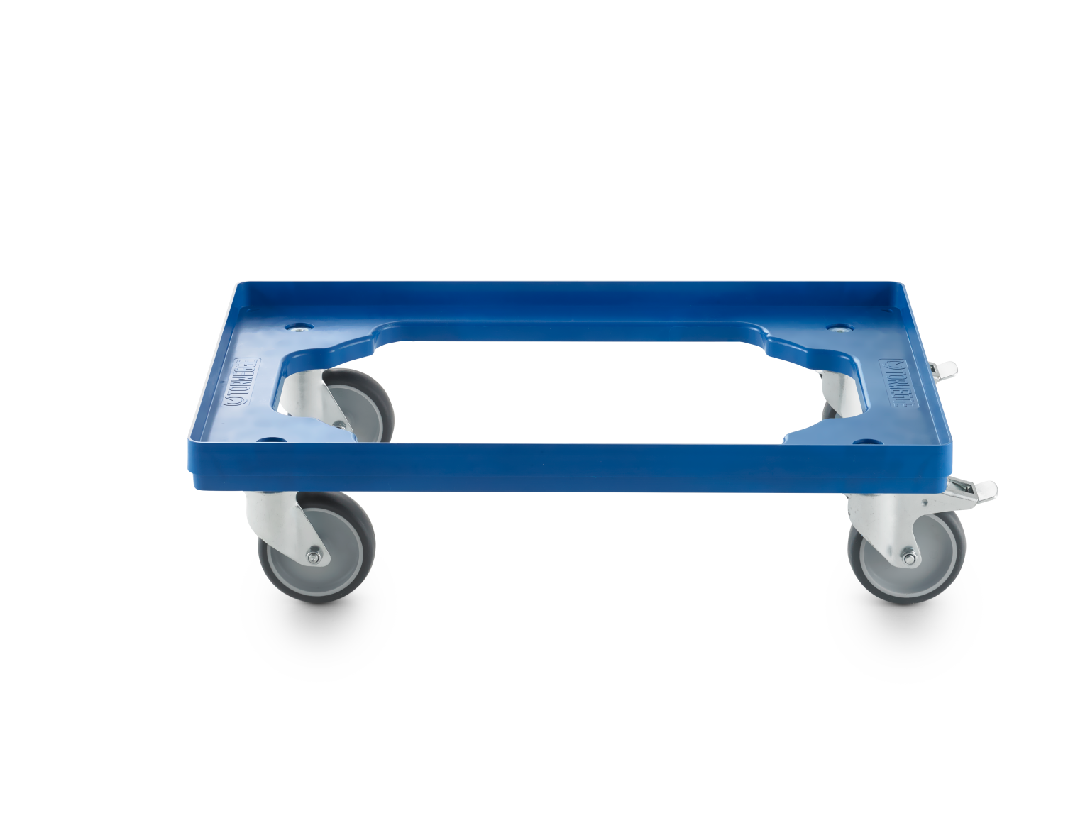 Blue transport trolley with a flat design features four swivel castors. It has an open center for easy handling and is positioned on a basic background, highlighting its industrial utility.