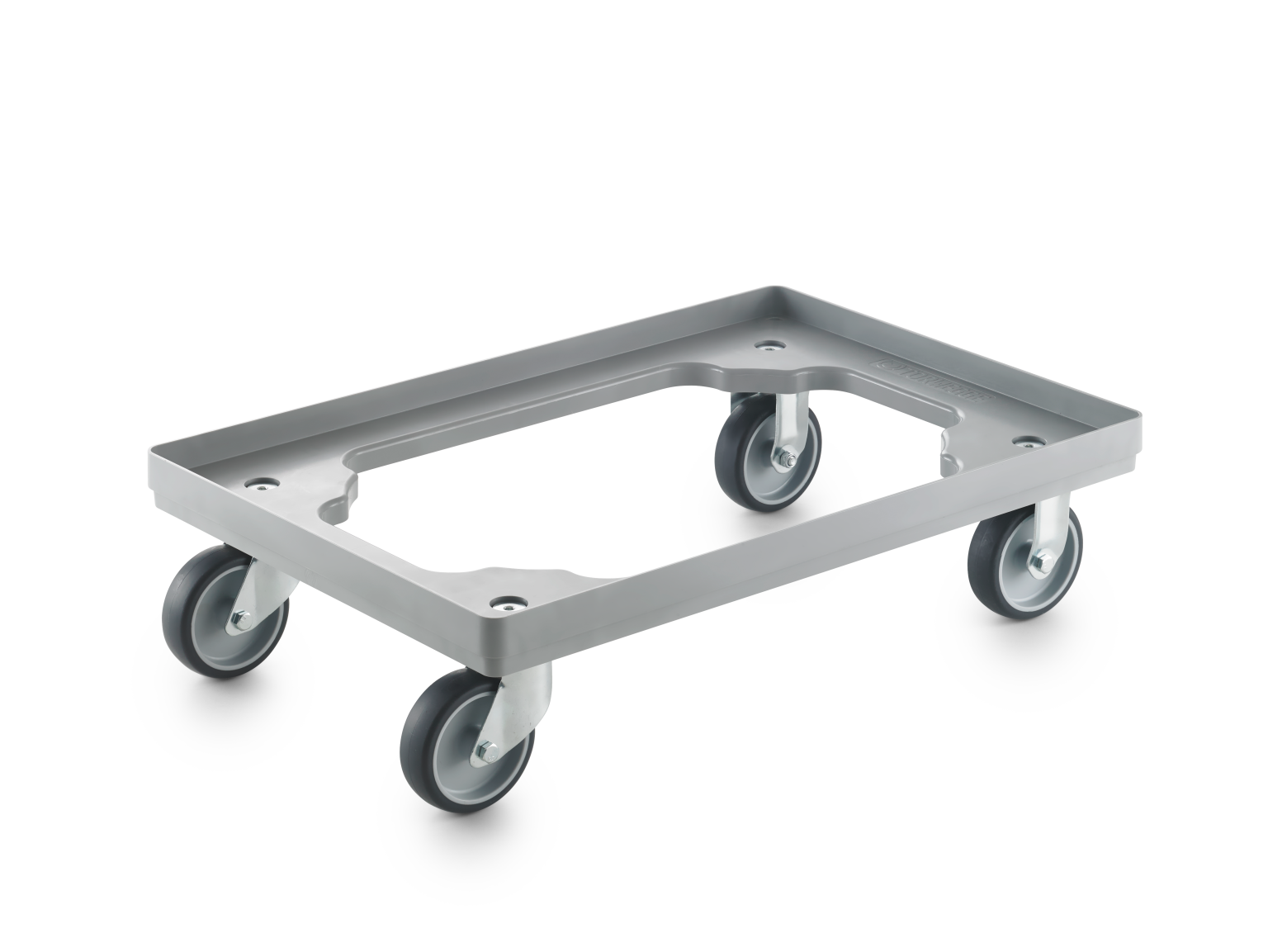 A rectangular transport trolley with a metallic frame and four swivel wheels, designed for easy mobility. The surface is flat and features a cut-out section for secure loading.