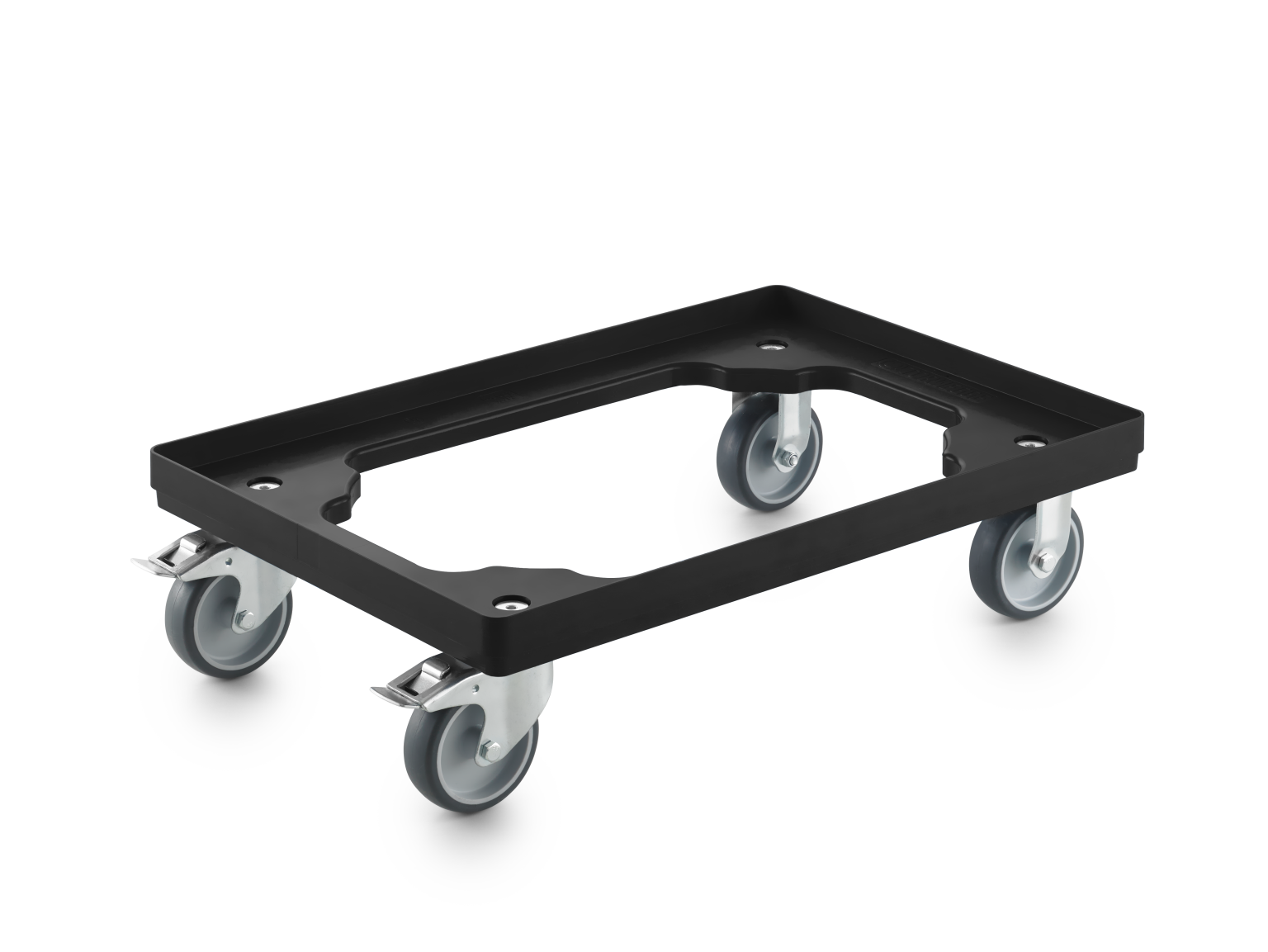 Zwarte transportwagen met een rechthoekig frame en vier draaiwielen. De wielen zijn van kunststof met metalen bevestigingen. De achtergrond is effen zwart, wat de focus op de wagen legt.