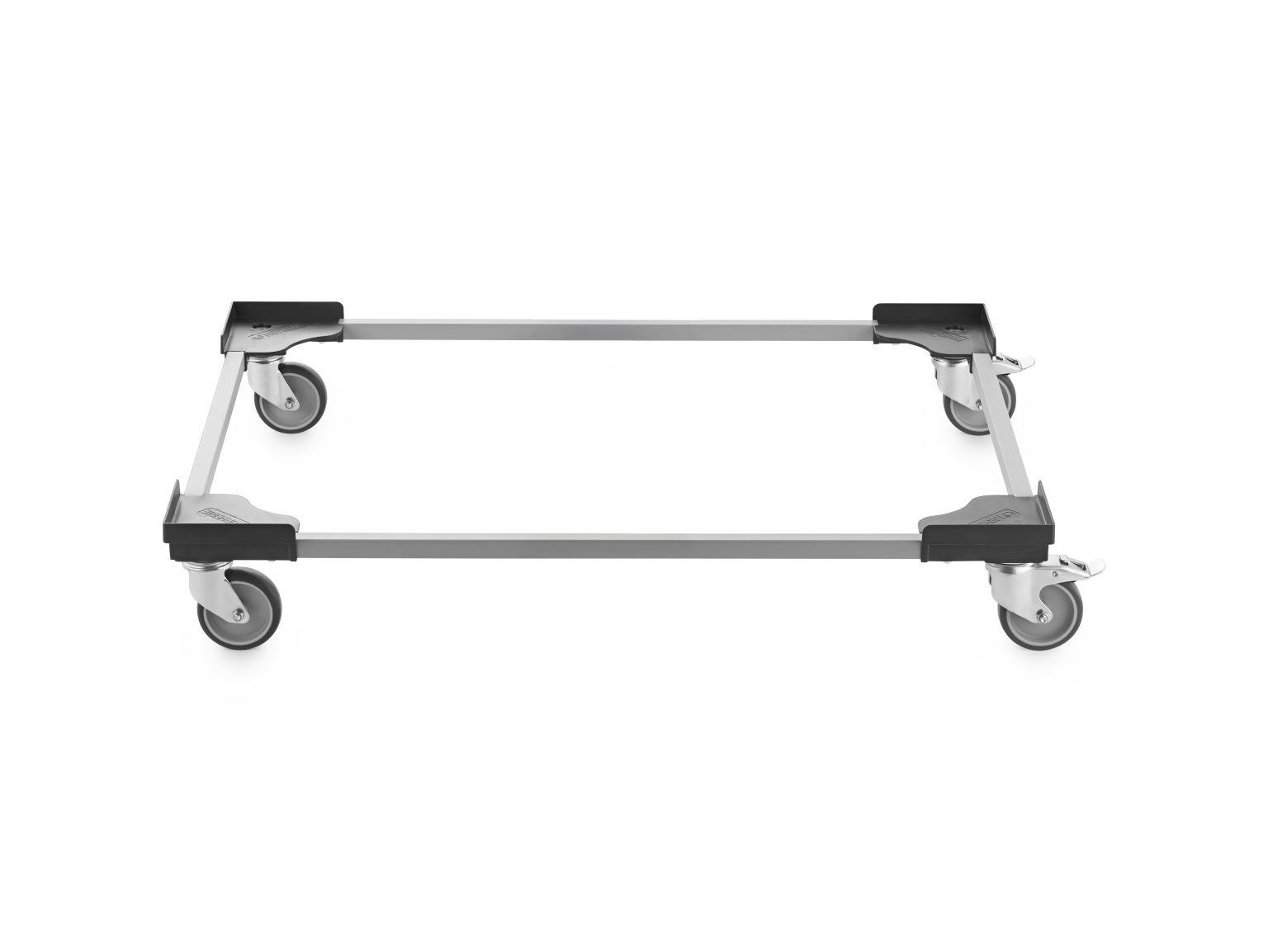 Four-wheeled transport trolley frame with a rectangular aluminum structure. Each corner features a black plastic mount for wheels, enhancing mobility. The background is plain, focusing solely on the trolley.