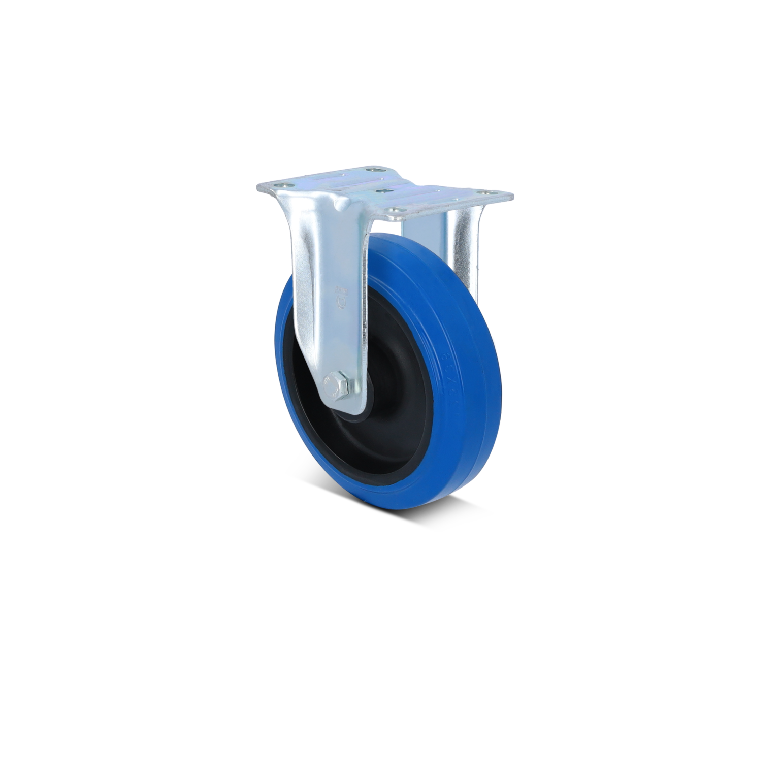 A blue industrial wheel with a black inner surface is mounted on a metallic bracket. The wheel is designed for mobility, suitable for various applications in material handling and logistics.