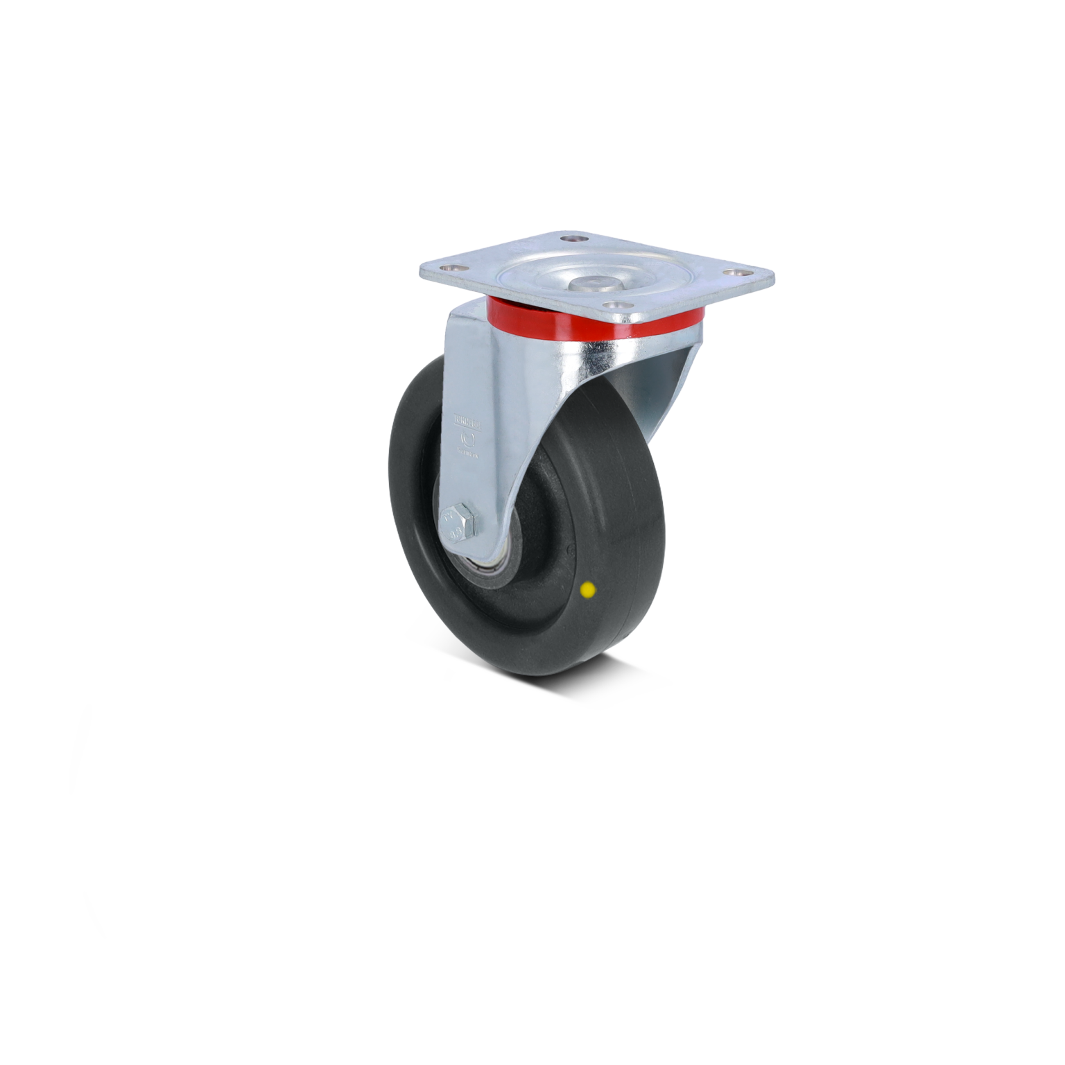 A black rubber swivel castor with a chrome-plated metal plate is featured. The wheel is mounted on a dual pivoting mechanism, suitable for various material handling applications in industrial settings.