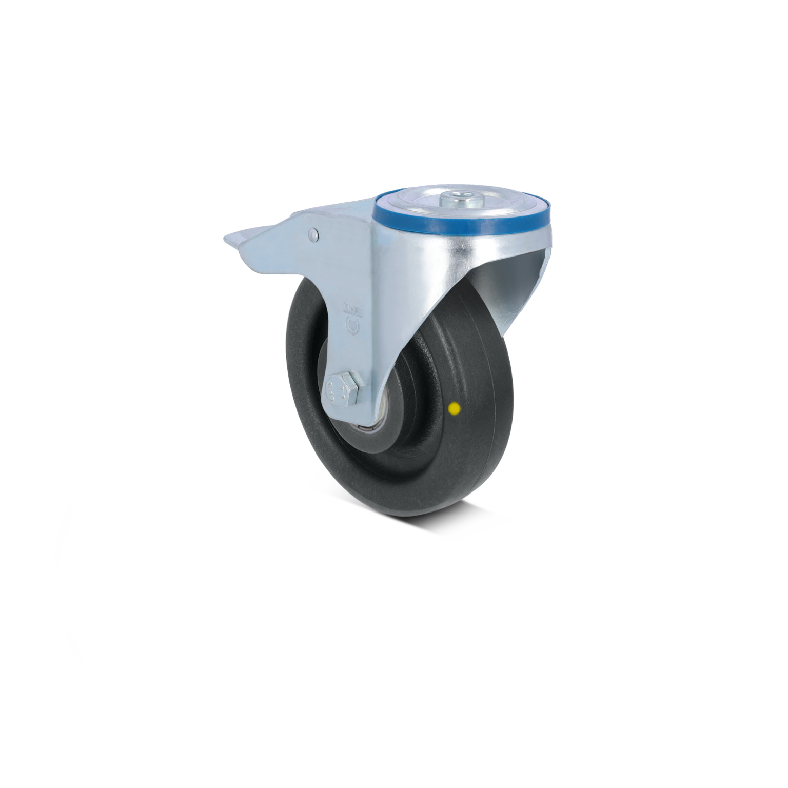 Zwenkwiel met een rubberen band en een metalen bevestigingsplaat. De plaat is voorzien van een blauwe rand en is ontworpen voor gebruik in een industriële omgeving. De achtergrond is eenvoudig.