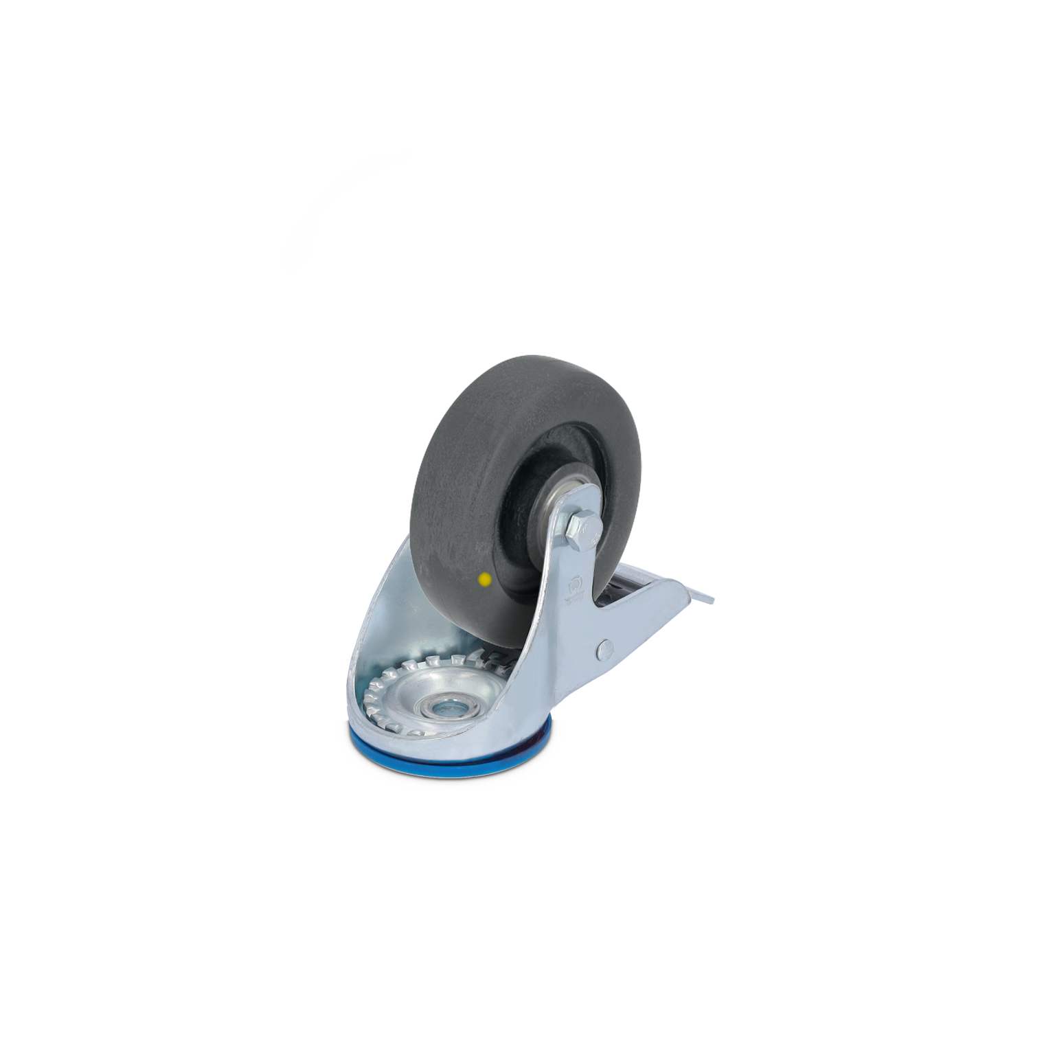 Zwart rubber wiel met metalen bevestigingsplaat. Het wiel is stevig en zichtbaar gemonteerd op een glanzende metalen beugel. De achtergrond is enigszins vervaagd en in neutrale kleuren.