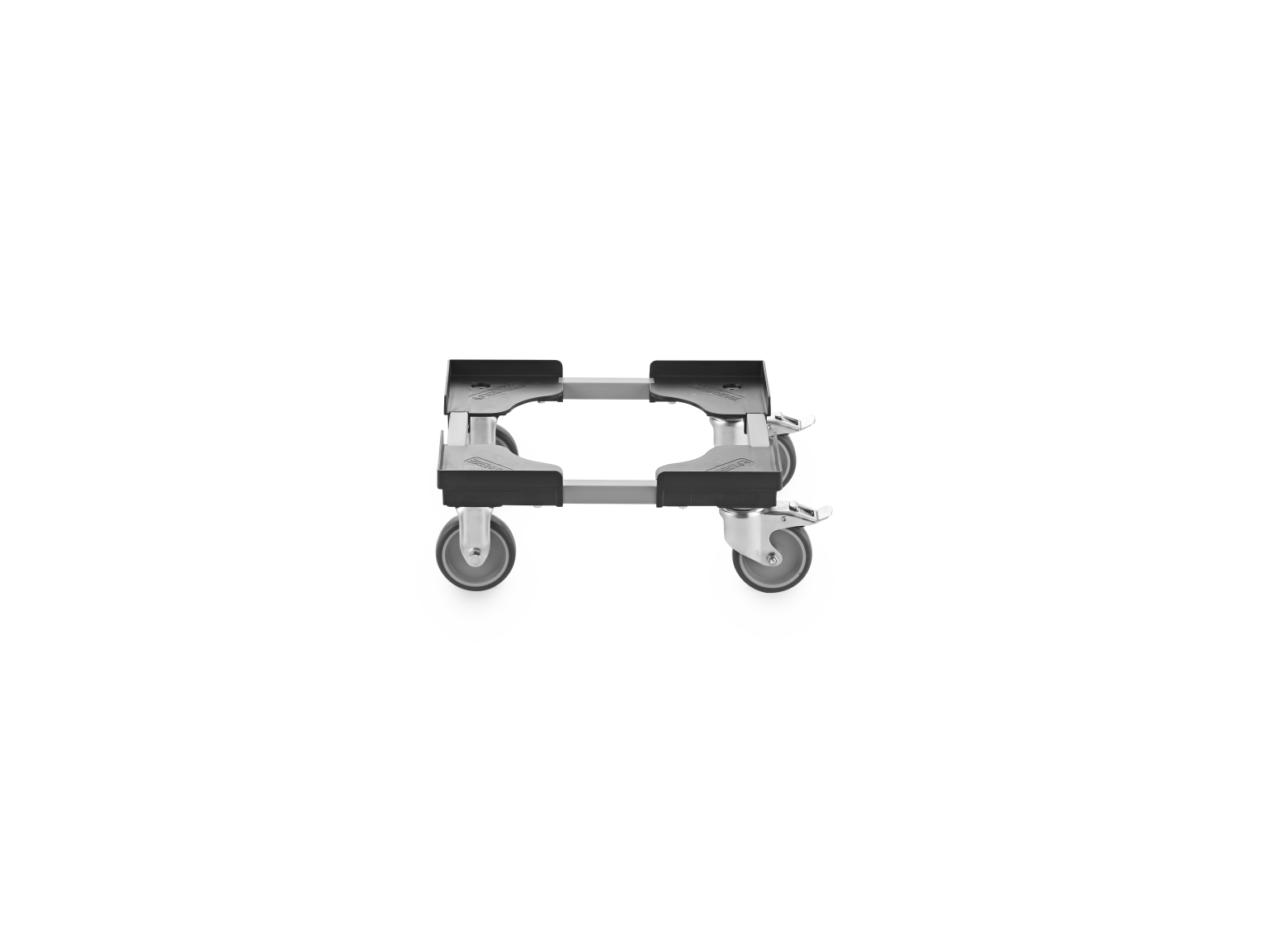 A transport trolley with a flat surface, featuring four swivel wheels, is positioned on a plain background. The wheels are mounted on a sturdy frame with rubber grips on the surface for stability.