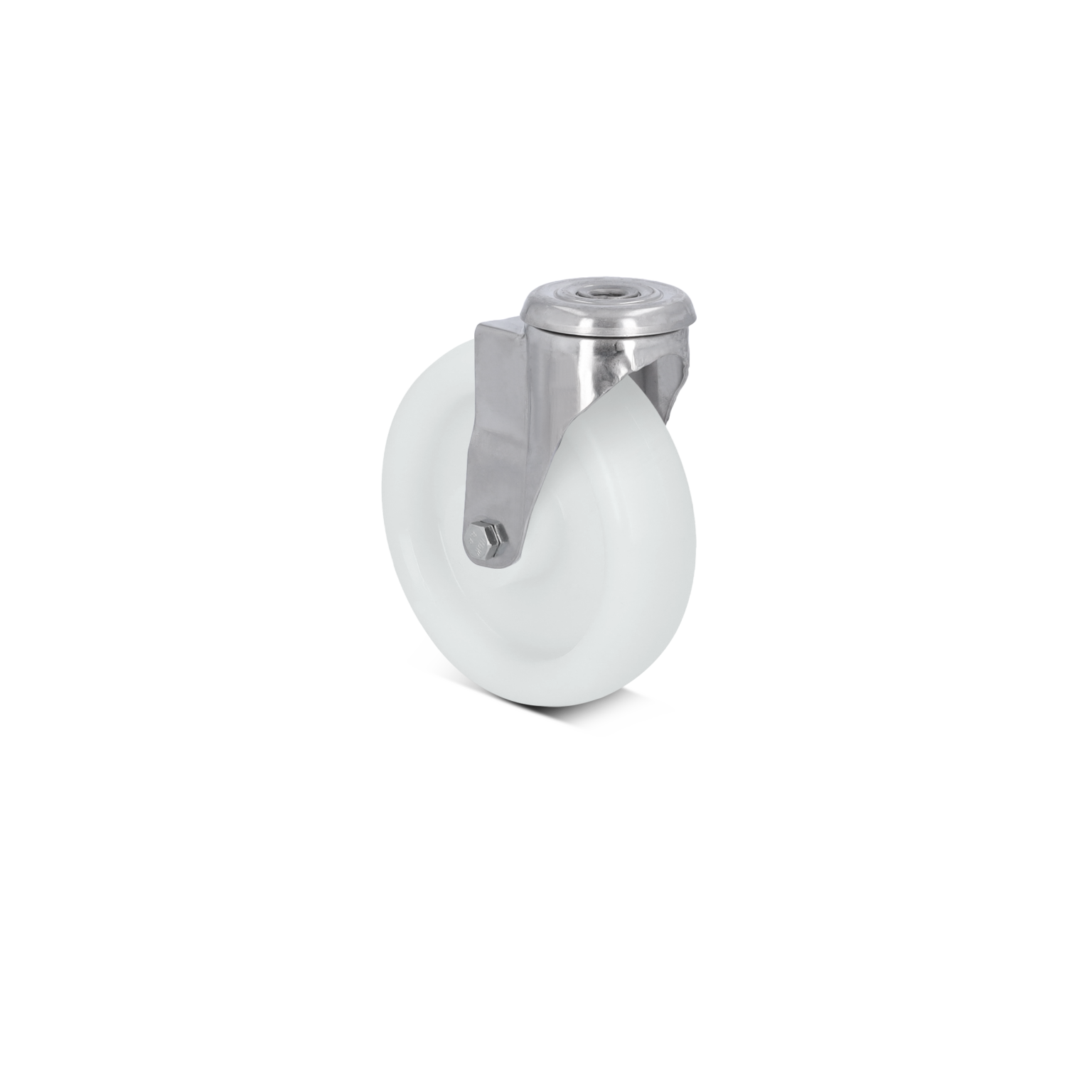 A swivel caster with a white polyurethane wheel and a metallic mounting bracket is prominently displayed. The wheel has a smooth surface, and the bracket features a single mounting hole for attachment.