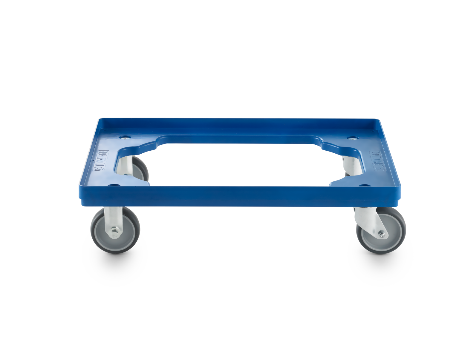 A blue plastic platform dolly features four swivel castors, designed for transporting goods. The dolly is positioned on a plain background, highlighting its sturdy construction and mobility features.