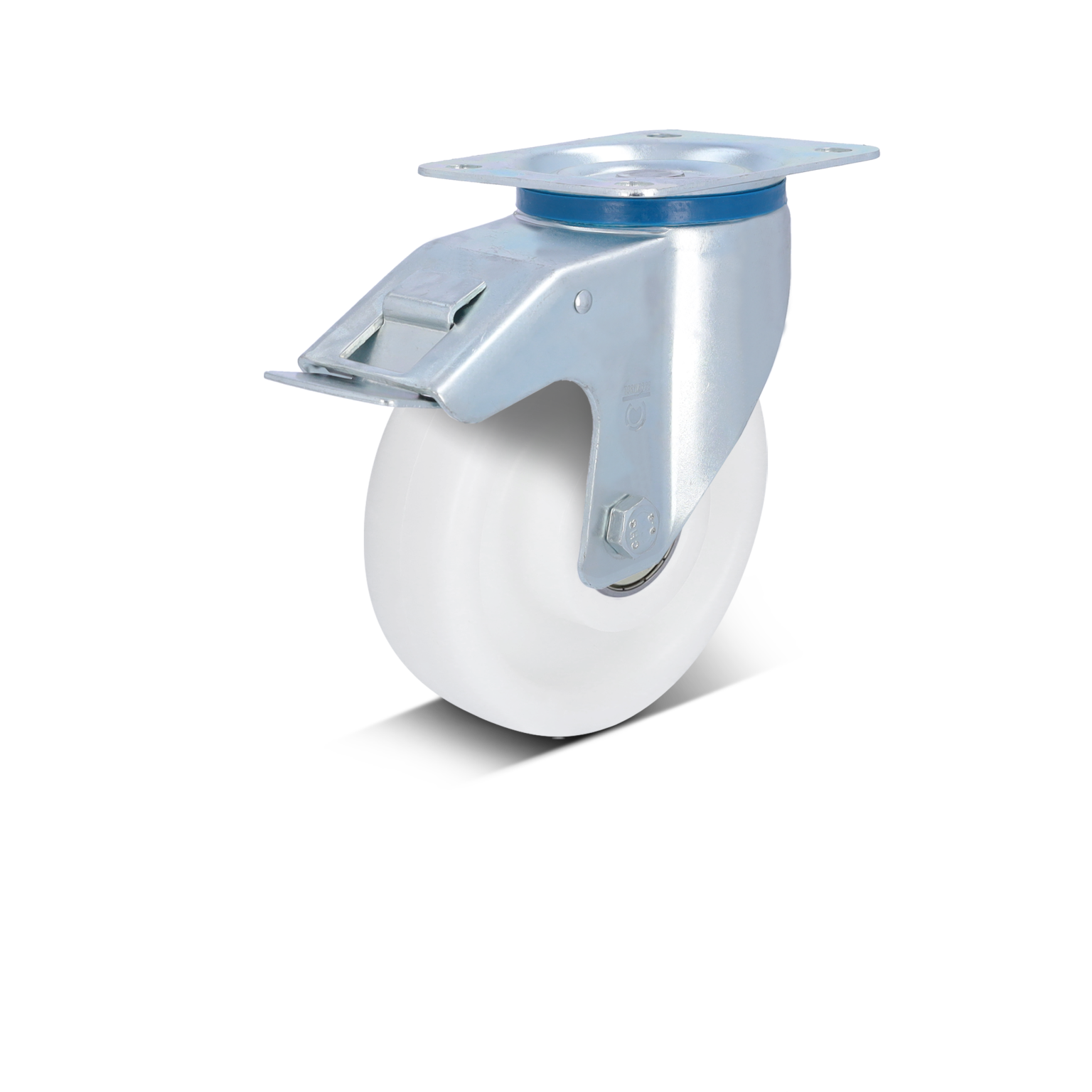 A swivel castor with a metallic mounting plate and a white wheel. The wheel incorporates a blue rubber ring and features a brake lever for secure stationary use, designed for industrial applications.