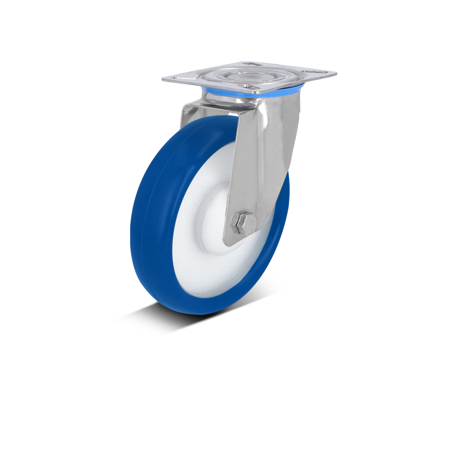 Een blauwe kunststof wiel met een witte kern en een metalen bevestigingsplaat. Het wiel is stevig bevestigd en ontworpen voor gebruik in industriële toepassingen. Achtergrond is zwart.