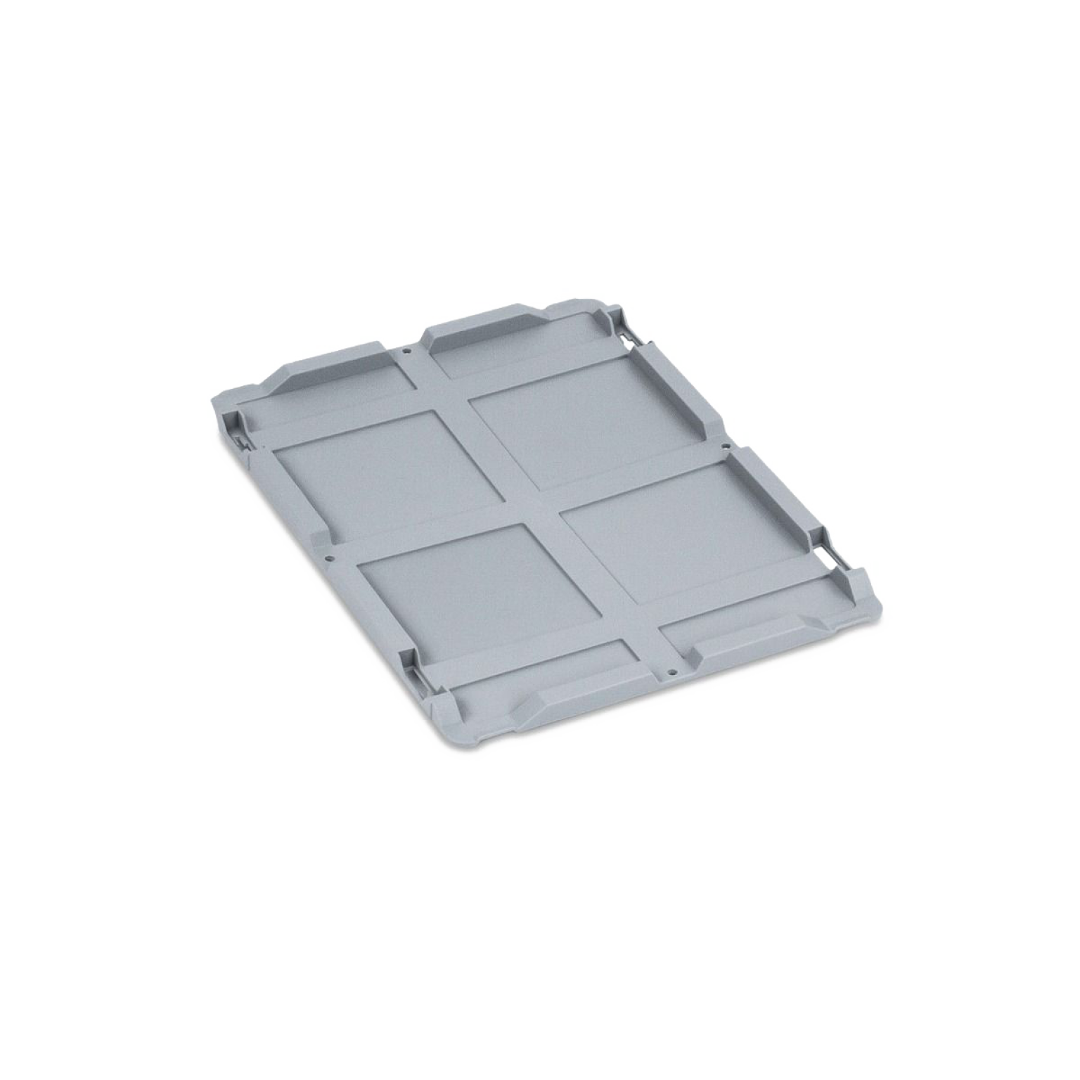 A gray plastic pallet base is shown, featuring a flat surface with sections divided by grooves. It is designed for transporting or organizing materials, placed against a blank background.