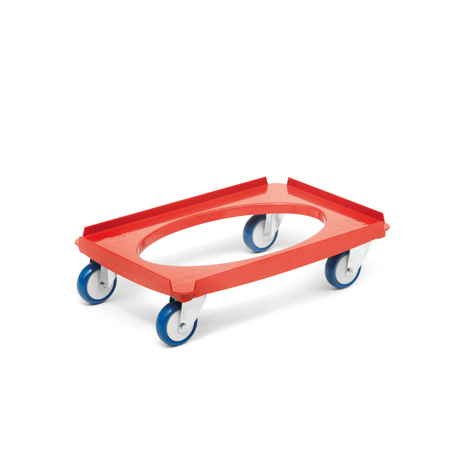 A red transport trolley features an oval cutout in the center and is equipped with four blue wheels. It is set against a plain white background.
