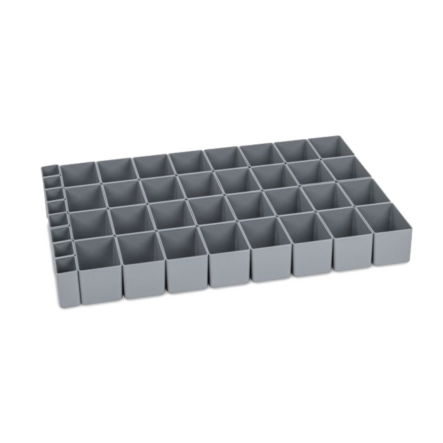 A gray, rectangular plastic organizer with multiple small square compartments is arranged in a grid pattern. It is designed for sorting and storing small items. The background is plain.