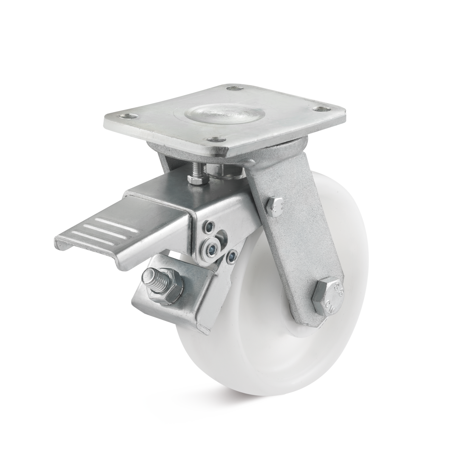 A mounted swivel caster with a white wheel, featuring a metal plate for attachment, a lock mechanism on the side, and a metallic frame structures the assembly in an industrial context.
