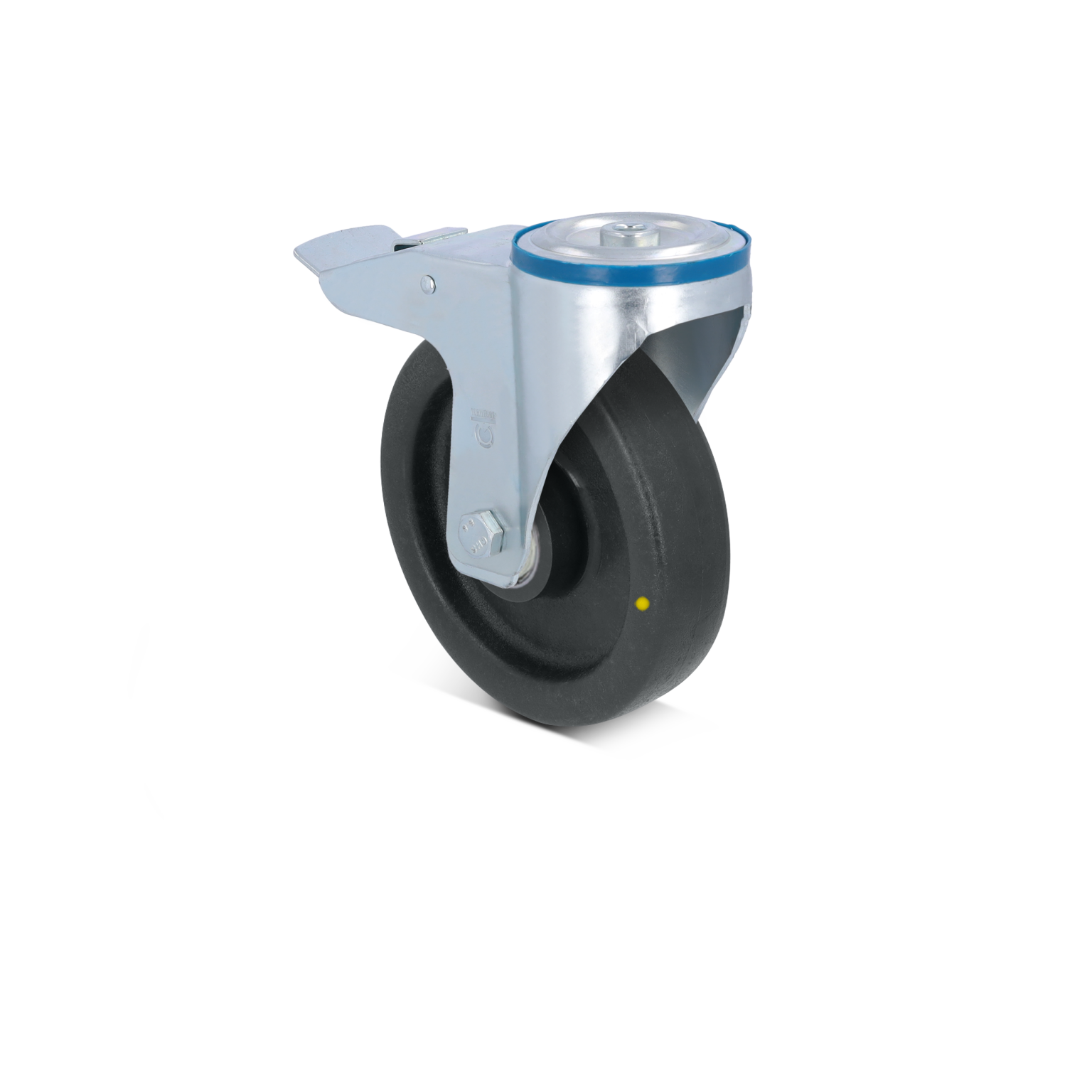 Zwenkwiel met een zwart rubberen band en een metalen bevestigingsbeugel. De bevestiging is zilverkleurig en heeft een blauwe ring aan de bovenkant. De achtergrond is eenvoudig en vlak.
