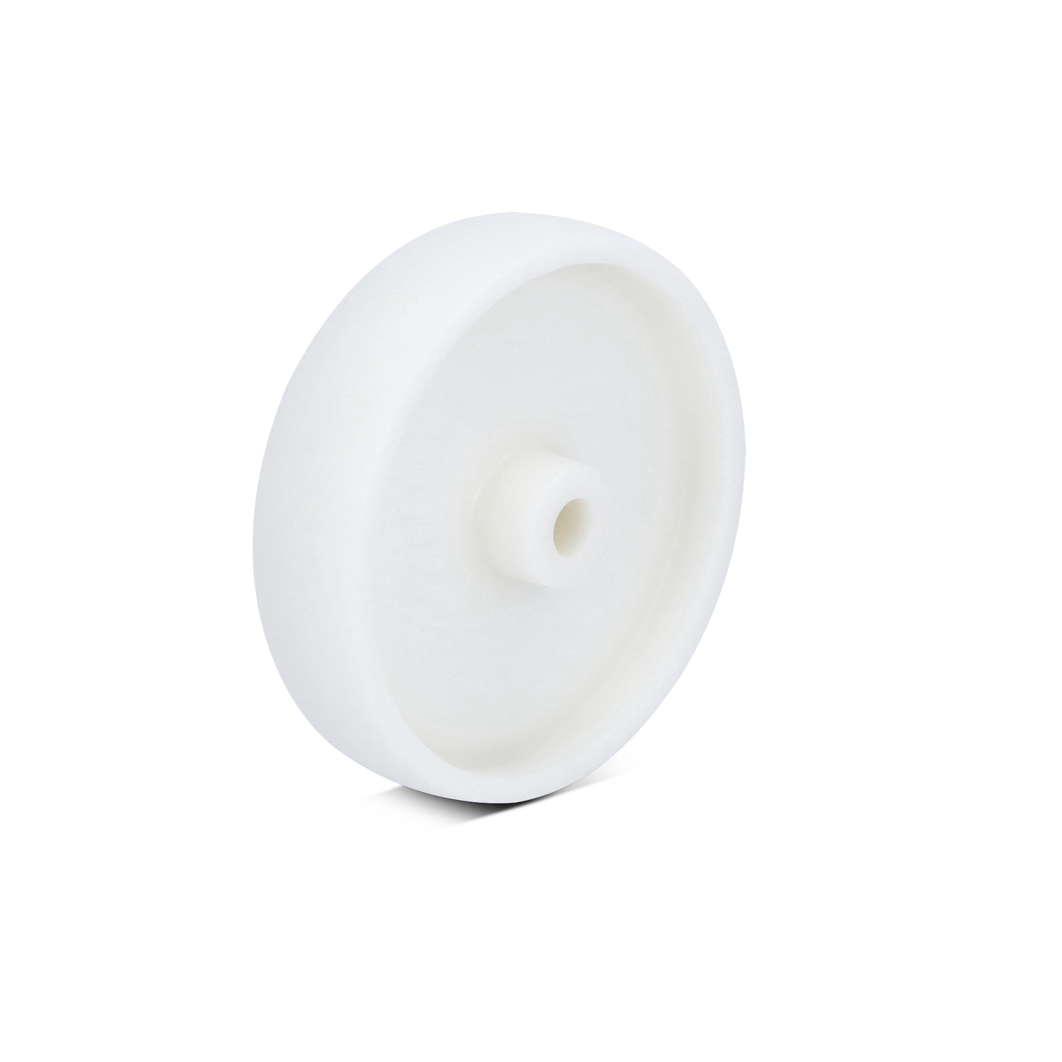 A white plastic wheel with a flat surface and a central mounting hole. It is displayed against a blank background, highlighting its smooth finish and circular shape.