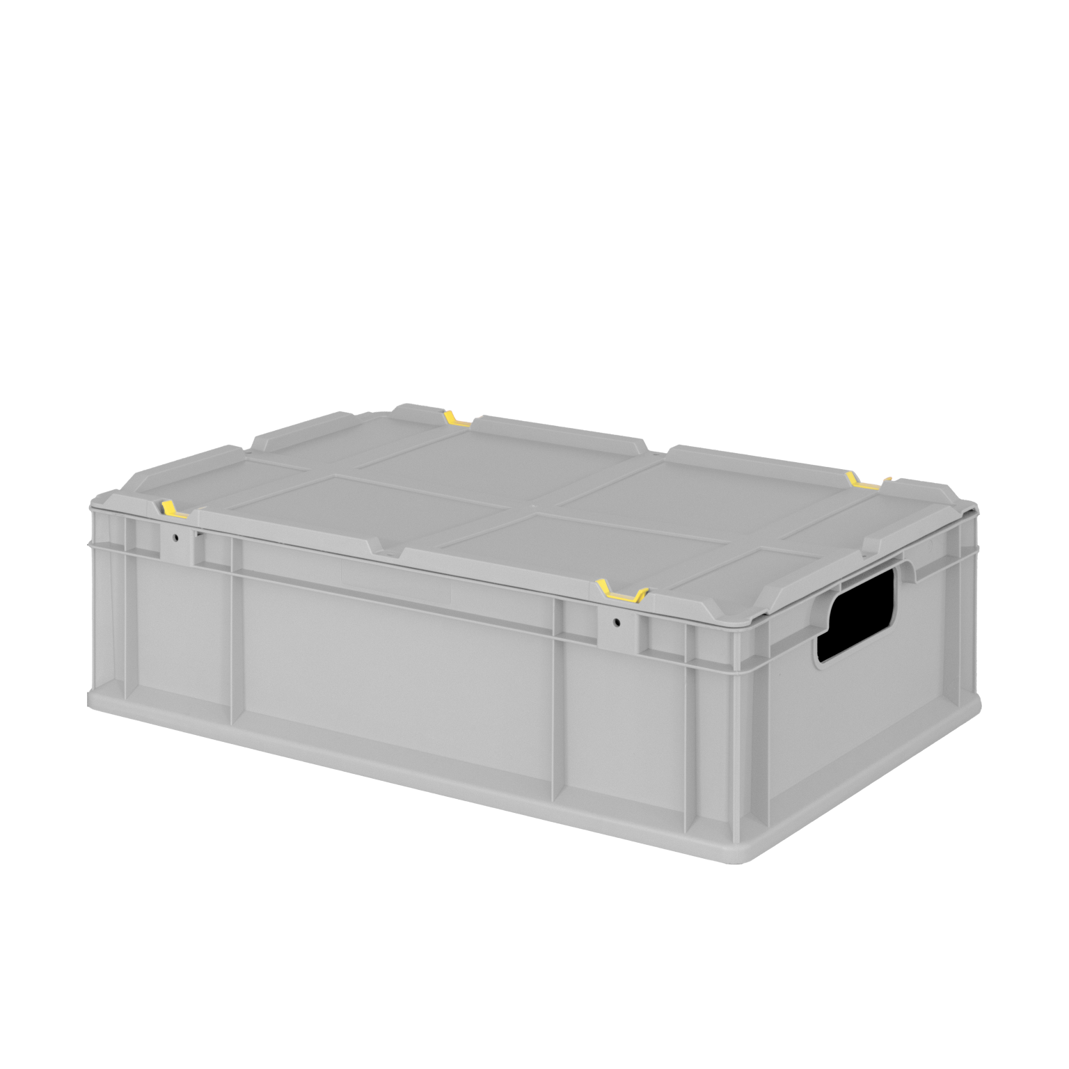 A gray plastic storage box features a sturdy design with yellow clips for securing the lid. It includes handles on the sides for easy transport, set against a blank background.