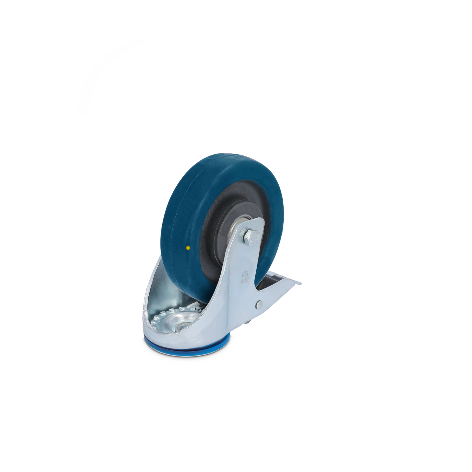 Zwenkwiel met een stevige, blauwe kunststof band en metalen bevestigingsplaat, gepositioneerd in een neutrale omgeving zonder opvallende achtergronddetails.
