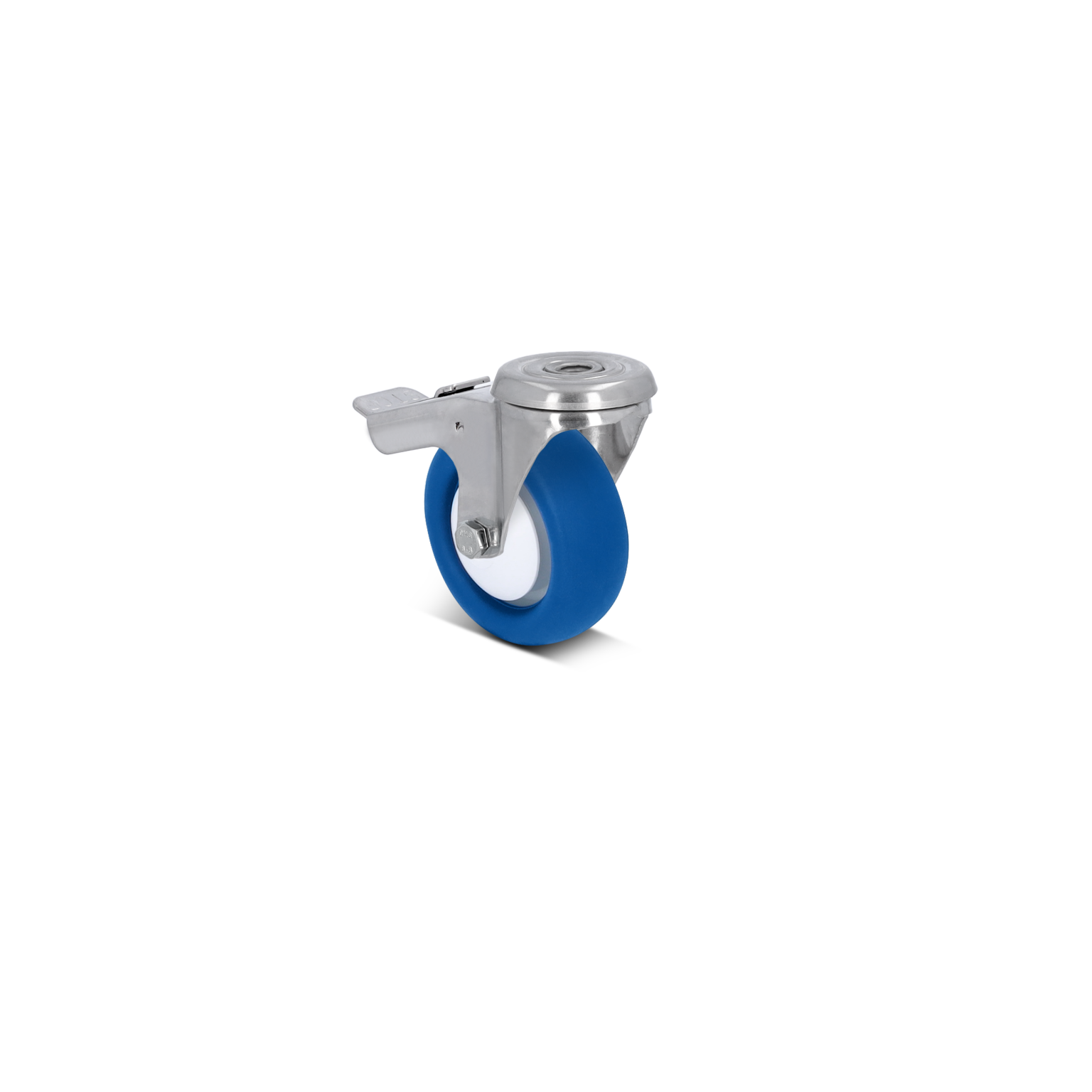 Blauwe zwenkwiel met een metalen bevestiging en een remhendel. Het wiel heeft een wit gedeelte en is ontworpen voor gebruik in industriële omgevingen, tegen een zwarte achtergrond.