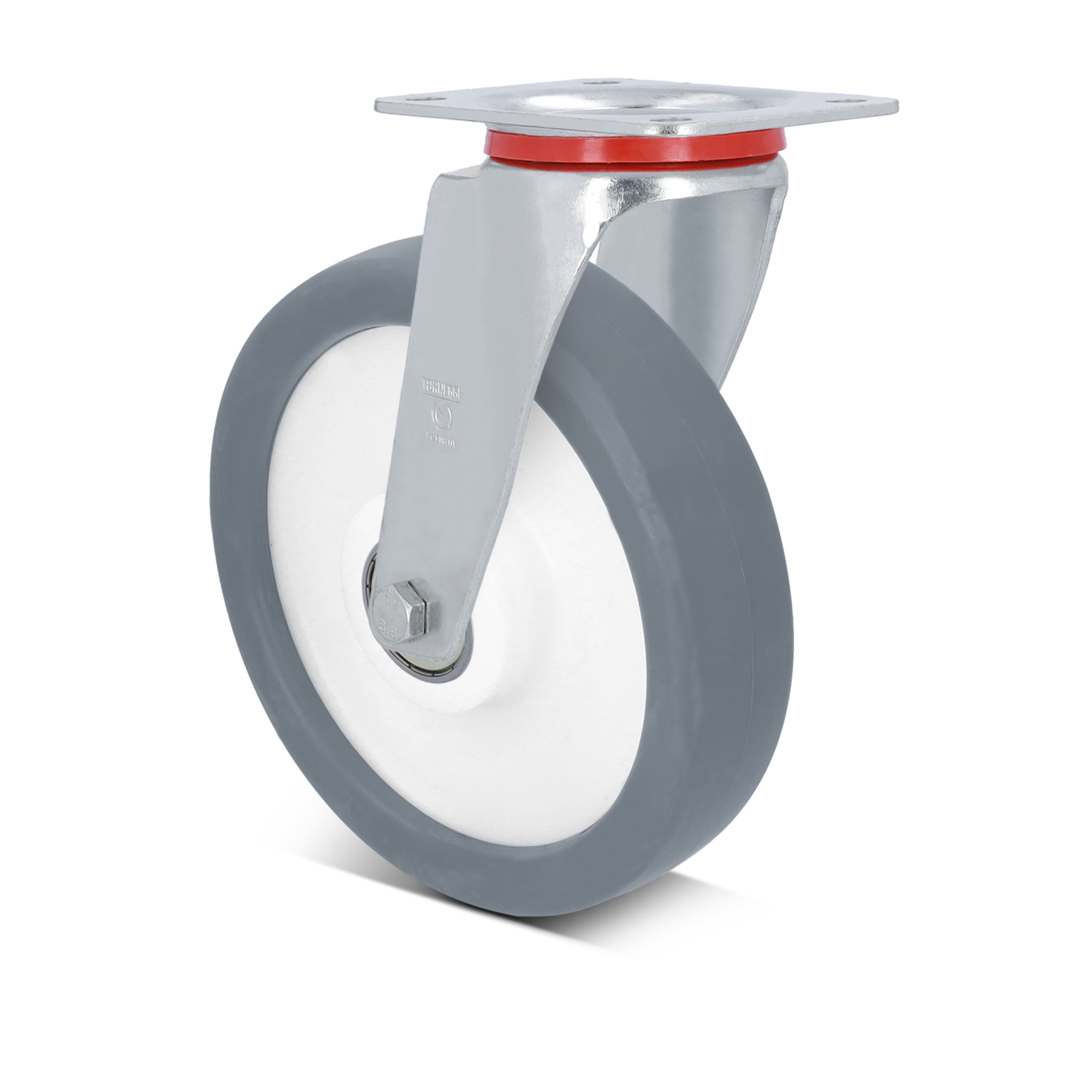 Zwenkwiel met een grijze rubberen band en een witte binnenkant, bevestigd aan een metalen montagerail met een rode ring. Het bevindt zich op een zwarte achtergrond.