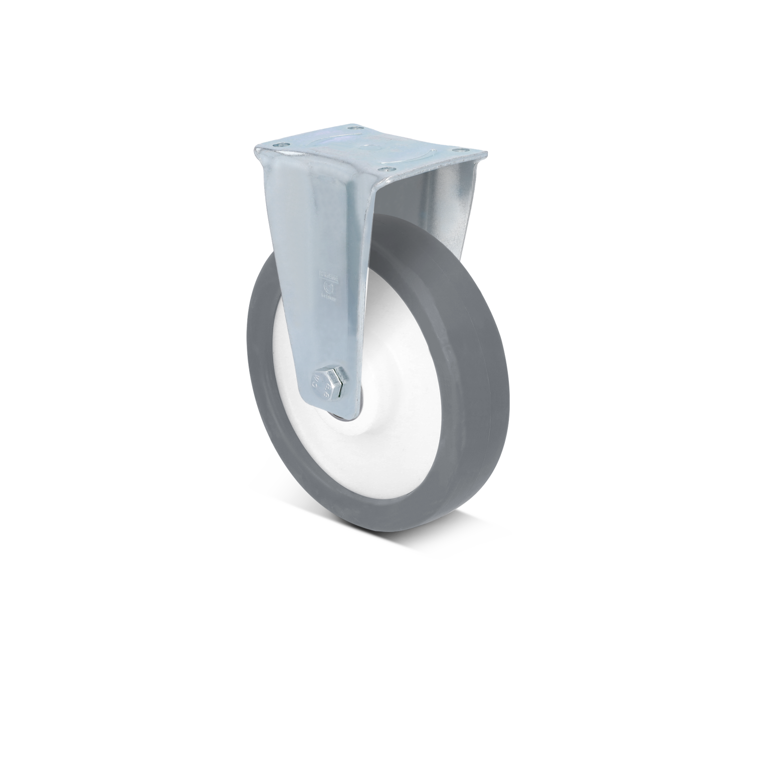 A single industrial wheel attached to a silver metal swivel plate. The wheel has a gray rubber tire with a white inner section, designed for material handling applications. The background is plain.