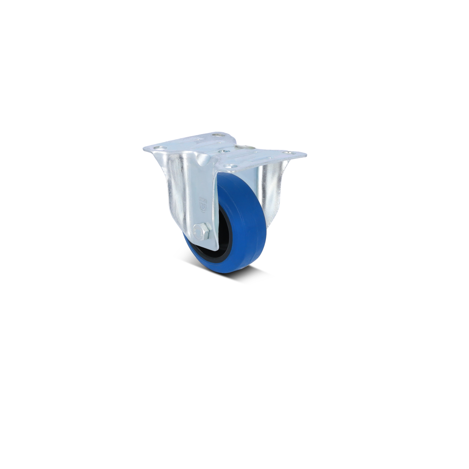 A swivel castor features a blue wheel with a black rim, mounted on a metallic plate. The overall design suggests durability and is suitable for material handling applications.