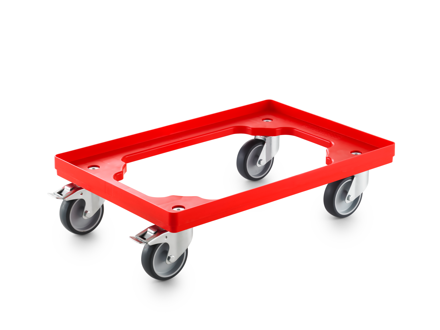Red transport trolley with a rectangular frame and four swivel castors. The castors are mounted on sturdy brackets, designed for mobility and stability in an industrial setting.
