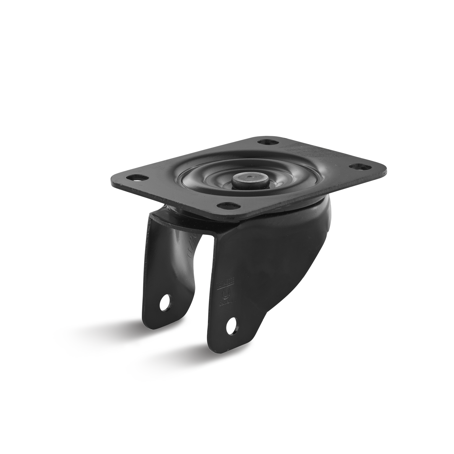 A black rubber vibration damper mount features a circular base with four mounting holes and two side brackets. It is positioned on a light background, emphasizing its industrial design.