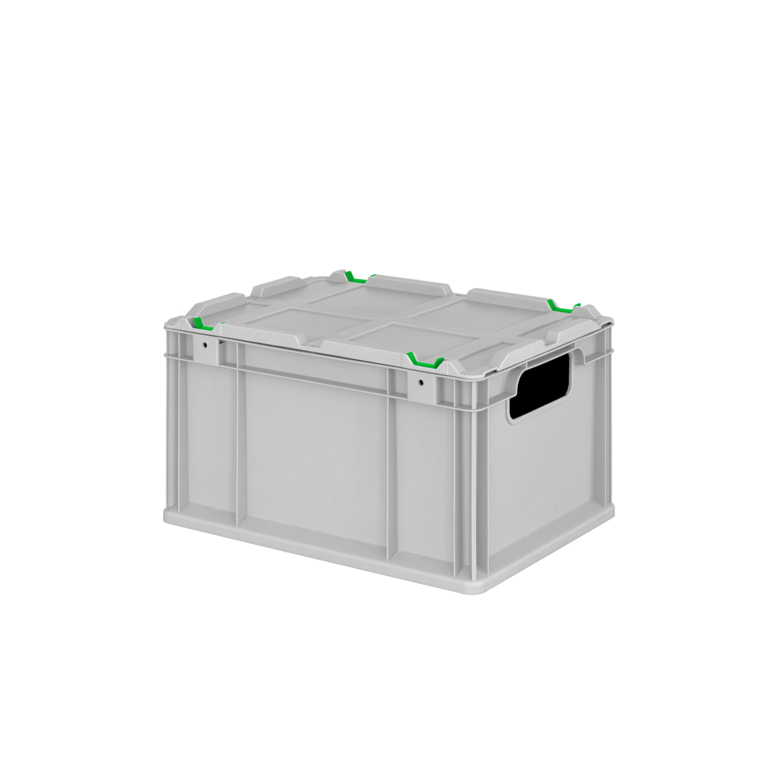 A rectangular, gray plastic storage box with green clips on the lid and side handles for easy carrying. It appears to be designed for organizing and transporting items in an industrial setting.