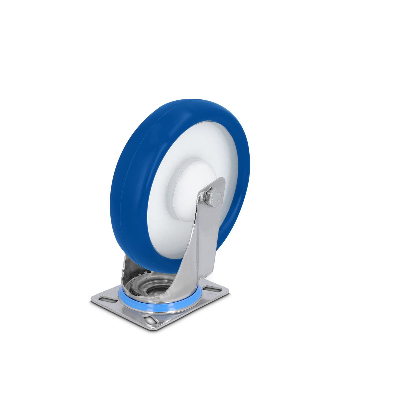 Een blauw-witte industriële wiel met een stalen montageplaat staat omhoog. Het wiel is gemaakt van een rubberachtig materiaal en heeft een glanzende afwerking. De omgeving is een enkele donkere achtergrond.