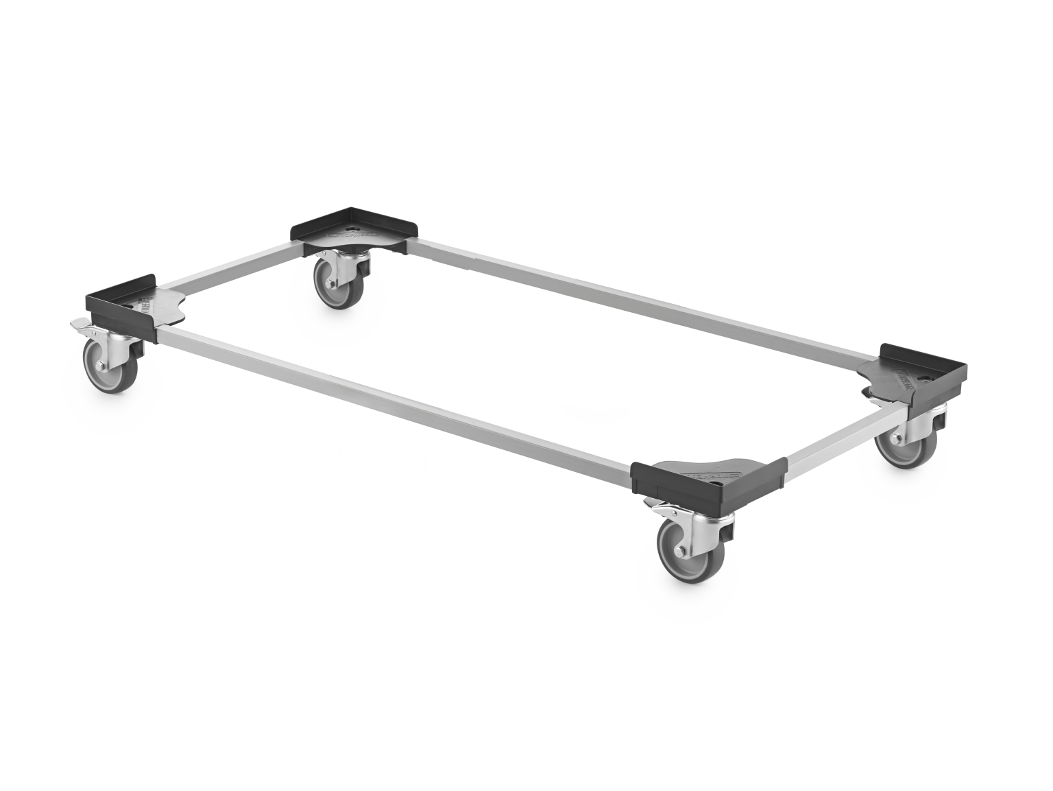 A rectangular transport trolley frame with four swivel castors. The frame is made of sturdy metal, featuring corner supports for stability, designed for moving various materials in an industrial environment.
