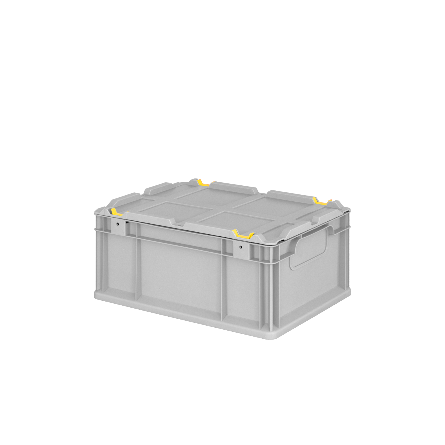 Transparente, graue Kunststoffbox mit gelben Clips an den Ecken. Sie hat eine stabile Bauweise und ist für die Lagerung und den Transport von Materialien in einem industriellen Umfeld konzipiert.