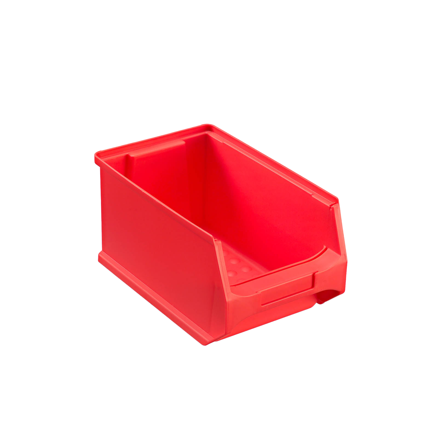 A red plastic storage box with an open front for easy access. It features a smooth exterior and a flat bottom, designed for organizing and storing items in a workspace.