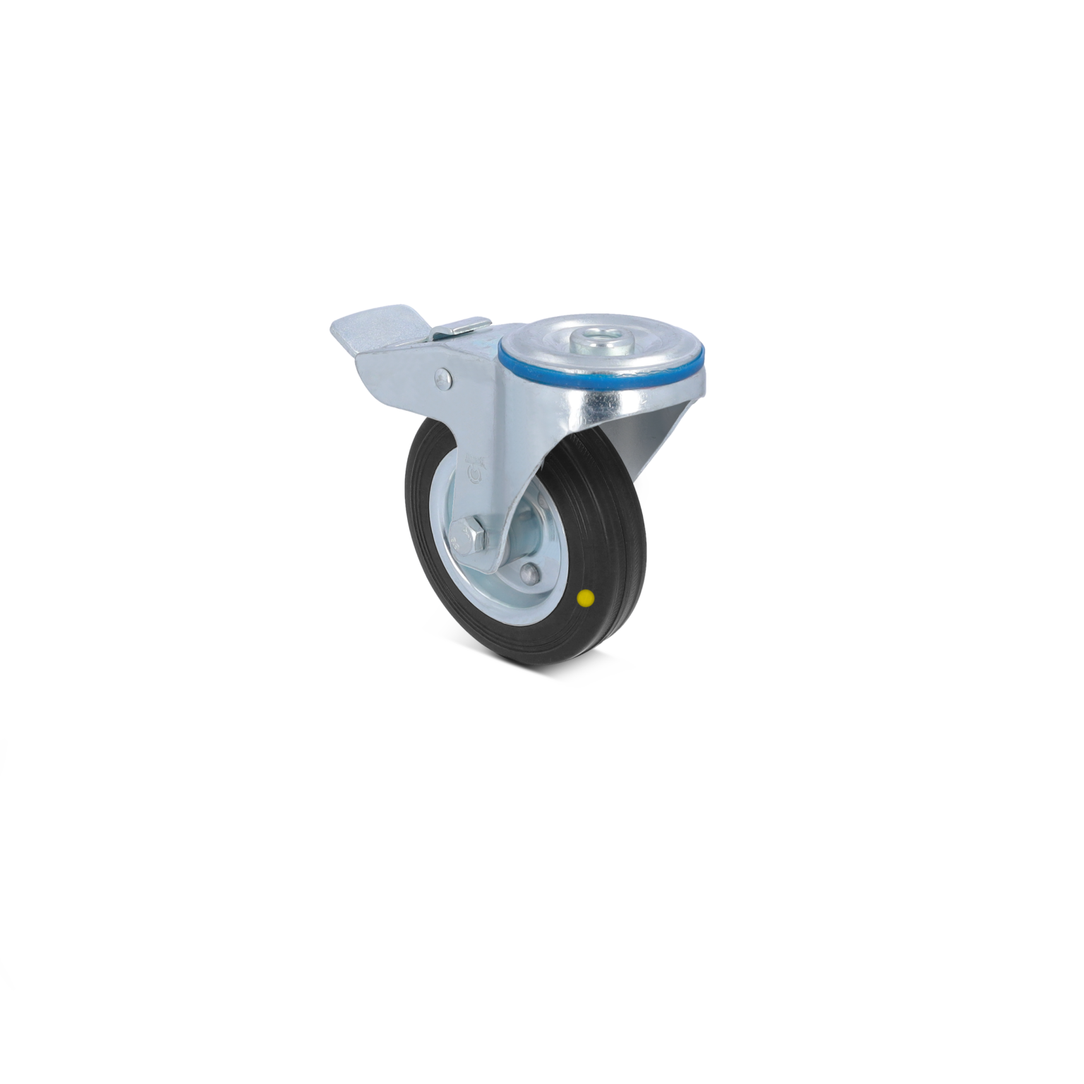 A swivel caster features a black rubber wheel with a metal housing. It includes a brake lever and a blue ring around the wheel-s rim. The background is plain and unobtrusive.