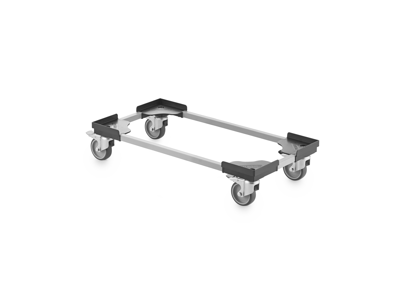A transport trolley features a rectangular frame made of metal, equipped with four wheels at each corner. The trolley is designed for easy movement of goods in an industrial setting.