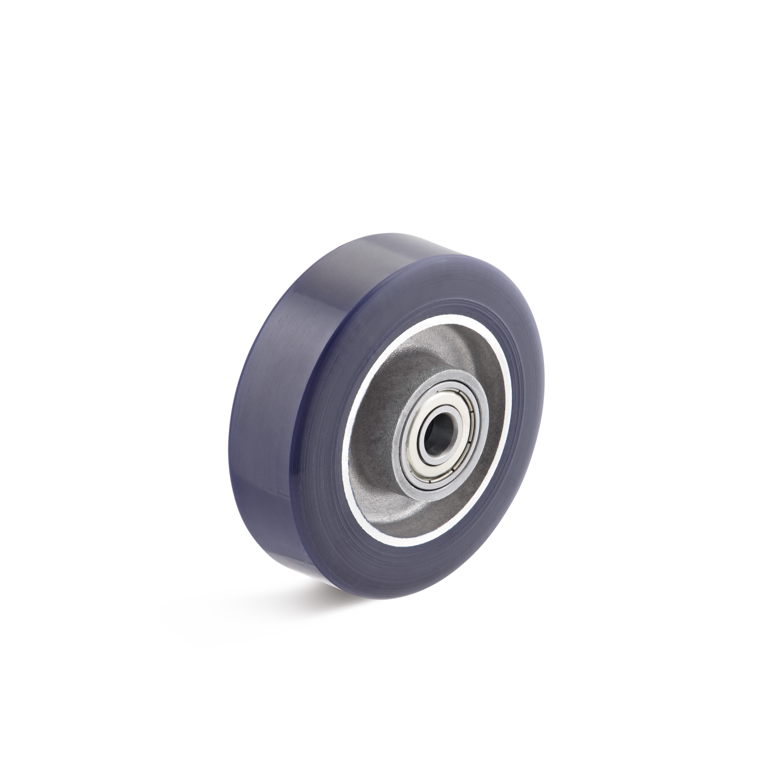 A smooth, blue industrial wheel features a central bearing and metallic core. The wheel is positioned at an angle, highlighting its round shape and sturdy construction against a plain background.