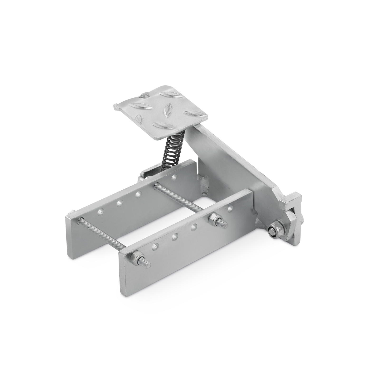 Een metalen bevestigingsmechanisme met een veer- en voetplaat aan de bovenkant. Het heeft een robuuste constructie met schroeven en een rechte basis, geschikt voor industriële toepassingen.