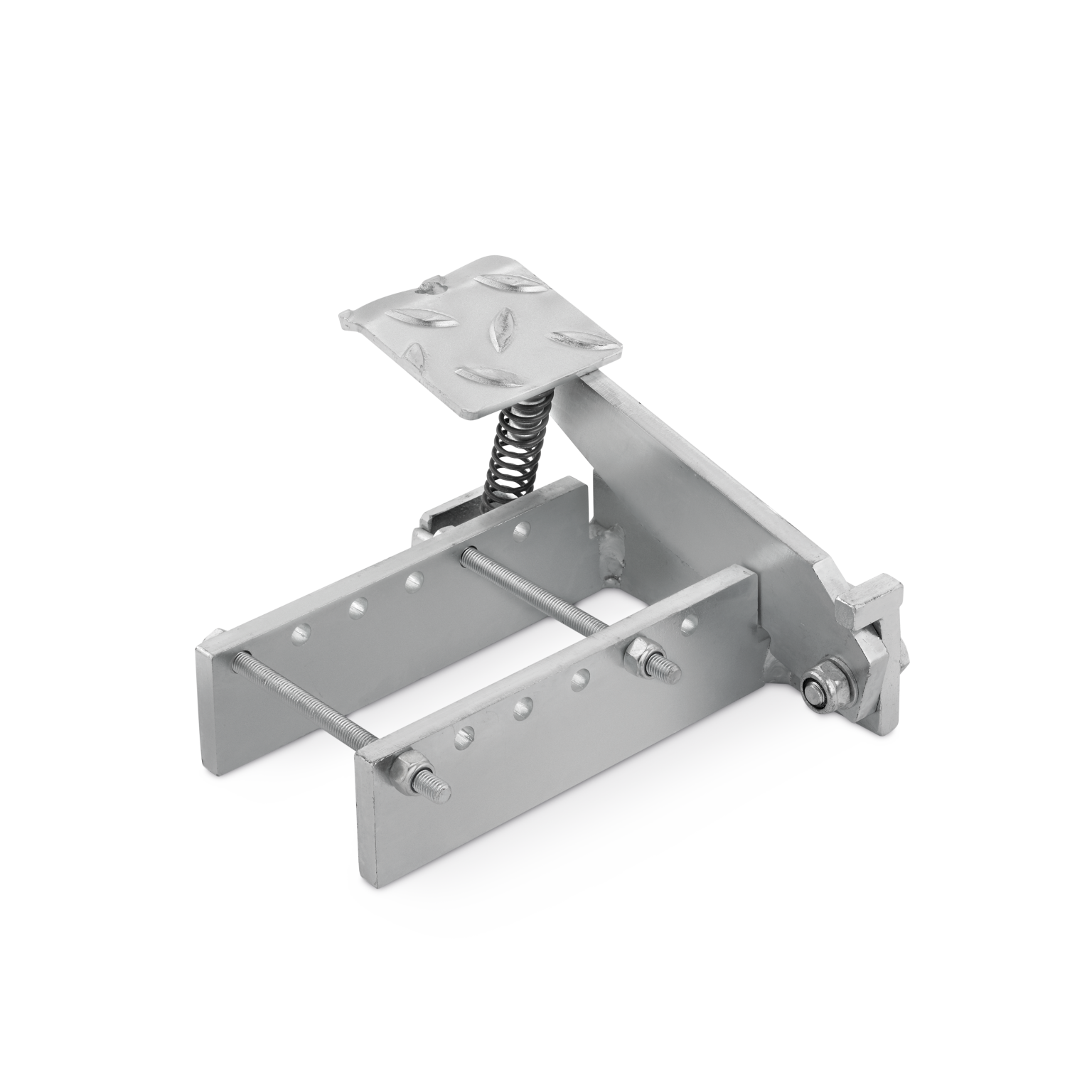 Een metalen bevestigingsmechanisme met een veer- en voetplaat aan de bovenkant. Het heeft een robuuste constructie met schroeven en een rechte basis, geschikt voor industriële toepassingen.