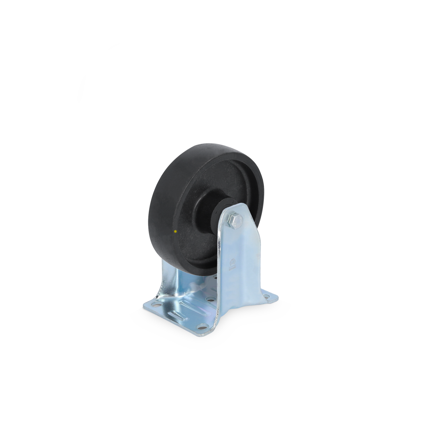 Zwart rubberwiel gemonteerd op een metalen bevestigingsplaat met meerdere gaten. Het wiel heeft een ronde vorm en is ontworpen voor gebruik in intralogistiek, met een neutrale achtergrond.