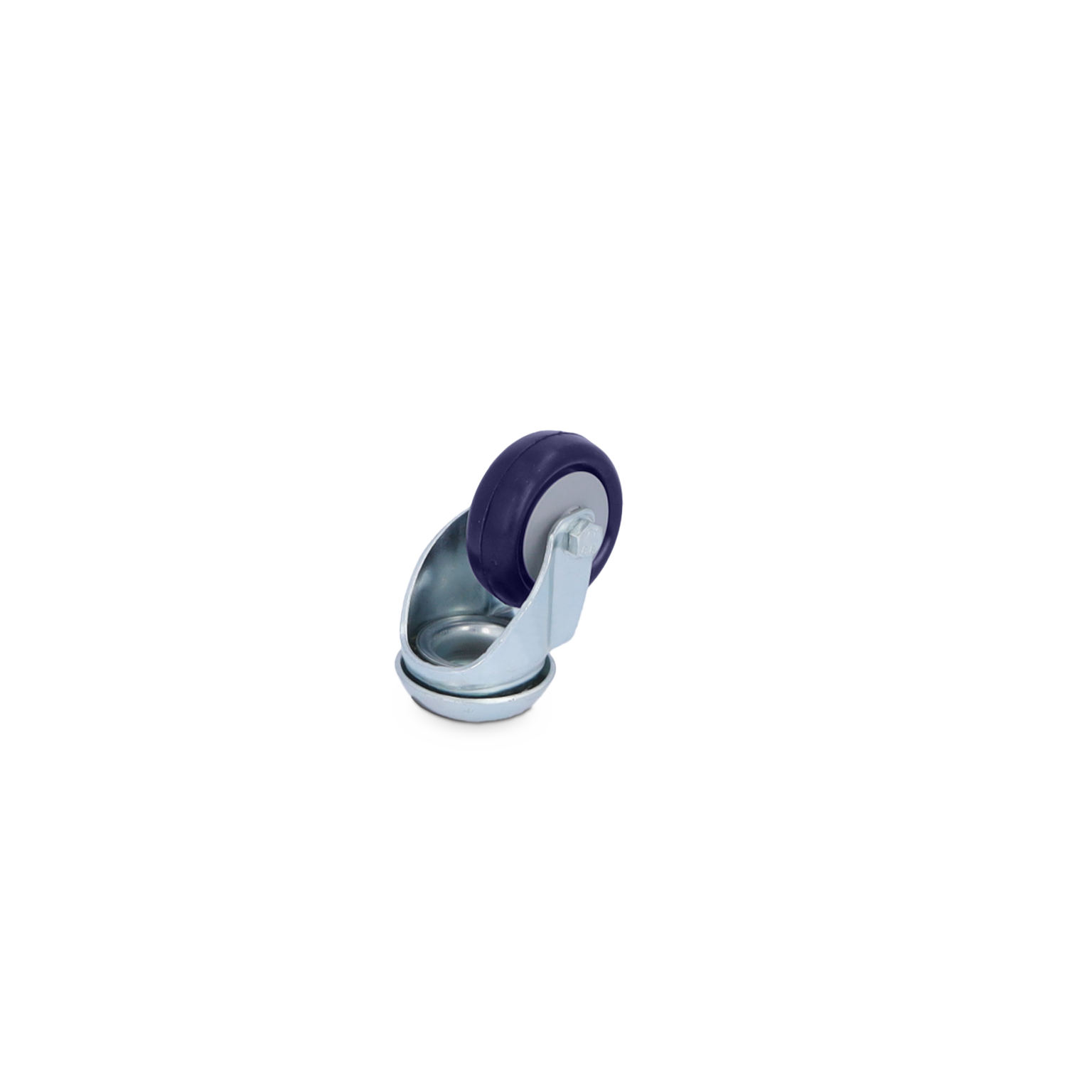 A swivel caster with a dark purple rubber wheel is mounted on a silver metal bracket. The design features a circular wheel and a sturdy base, suitable for industrial use.