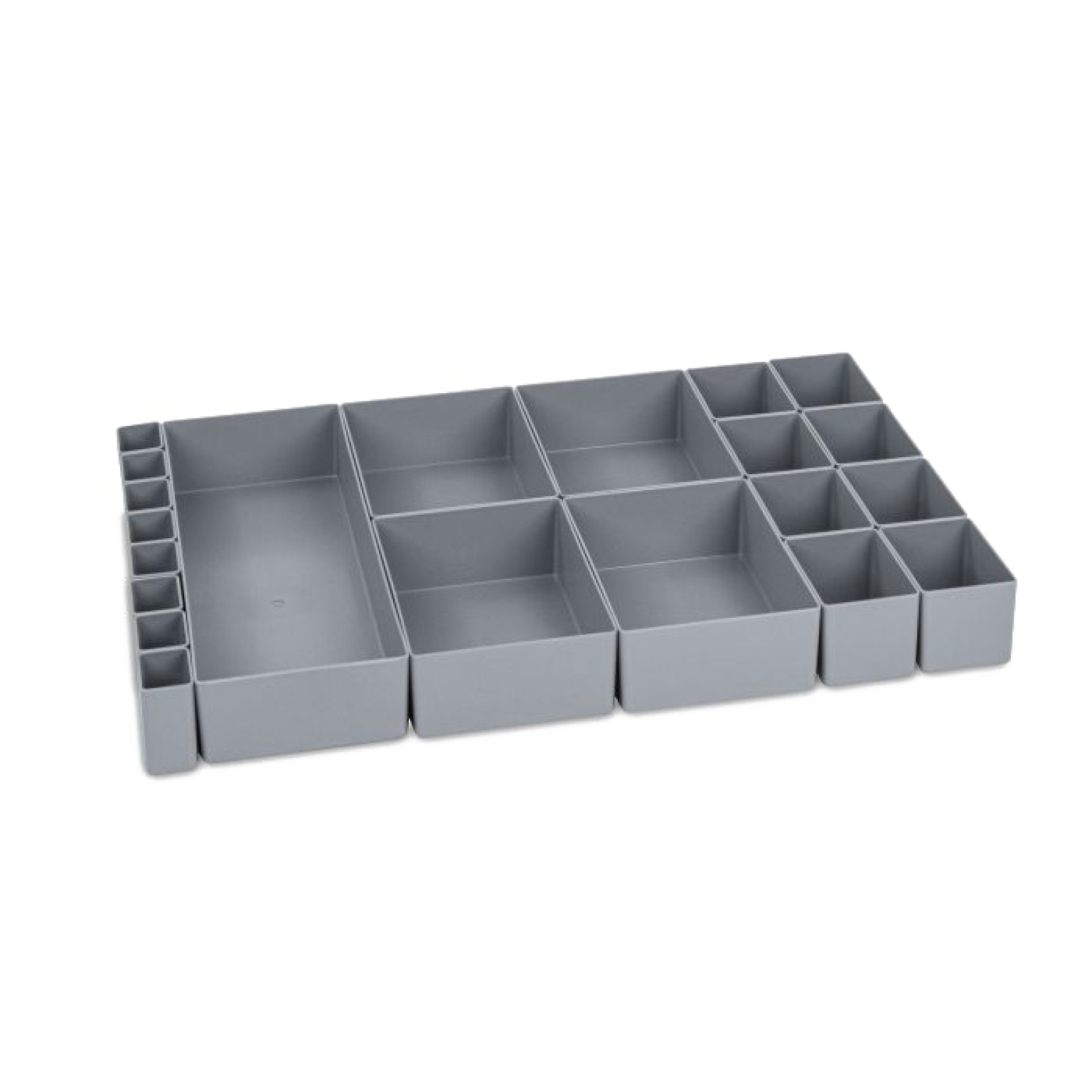 A gray plastic organizer features multiple compartments of varying sizes, arranged in a rectangular layout. It includes longer sections for small items and smaller boxes for categorizing larger components, suitable for workspace organization.