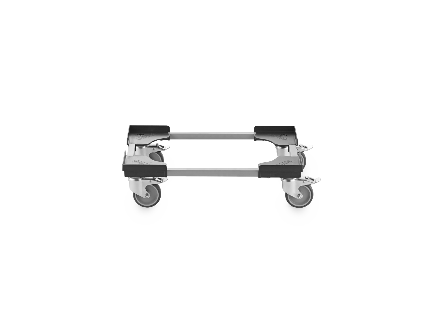 A transport trolley is shown, featuring a metal frame with four swivel castors. The castors have black rubber wheels. The trolley is set against a plain background, emphasizing its structural design.