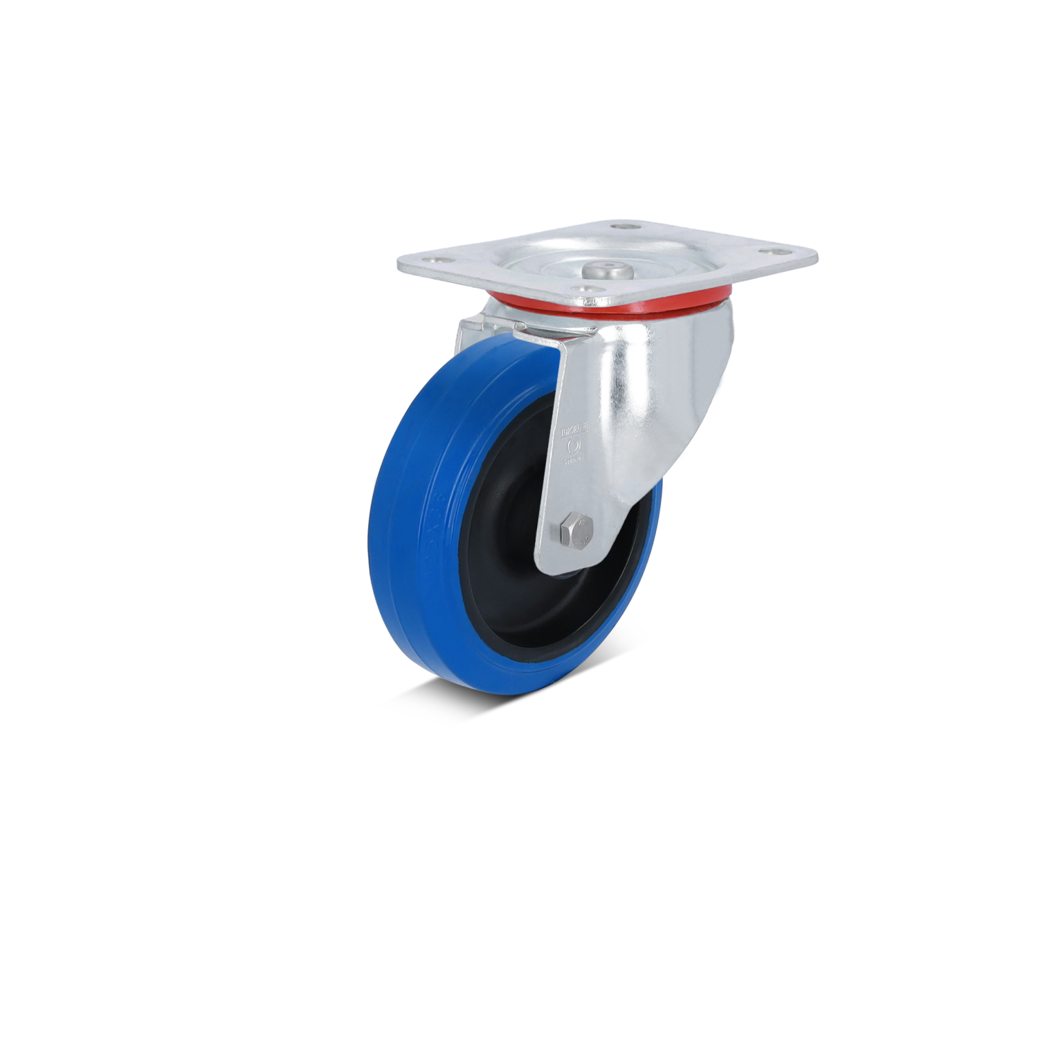 A blue industrial caster wheel features a metal mounting plate with a shiny silver finish. The wheel has a solid design, suitable for material handling in various environments.
