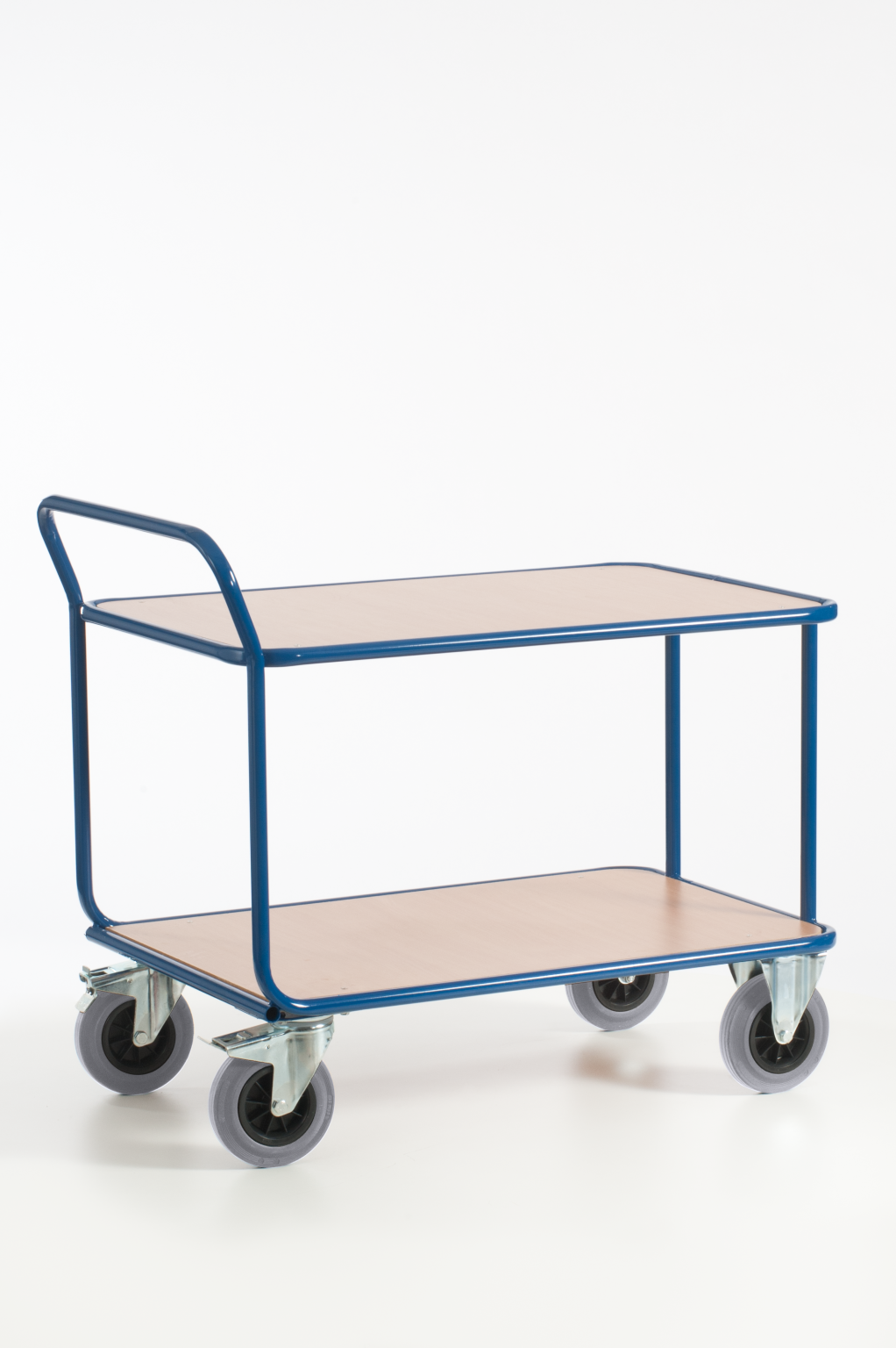 A two-tier transport trolley features a blue metal frame and wooden shelves. It has four gray castors for easy mobility and a handle for maneuvering, set against a plain white background.