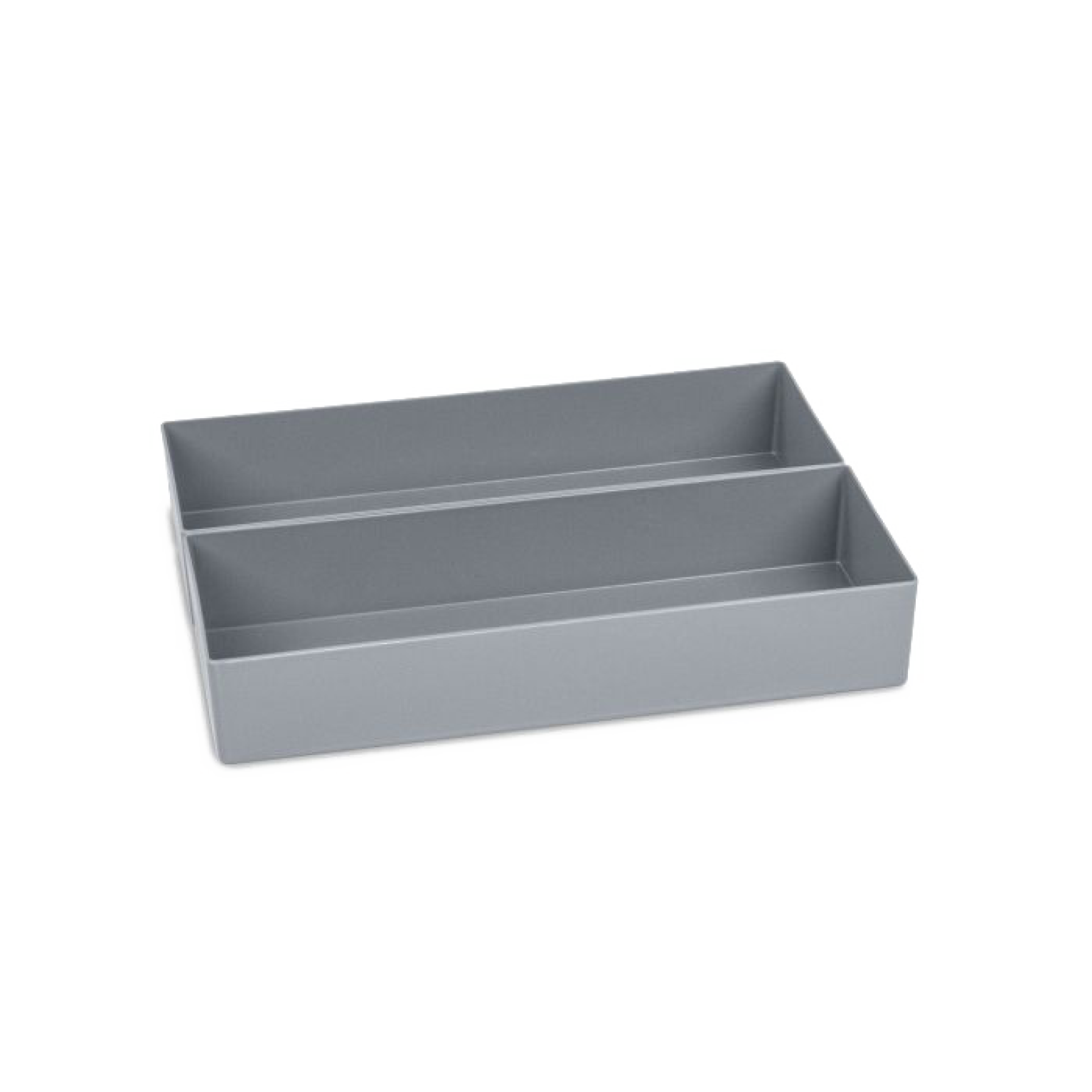 A rectangular, gray plastic organizer divided into two sections. It features smooth edges and a flat base, suitable for storing small items in industrial or office settings.