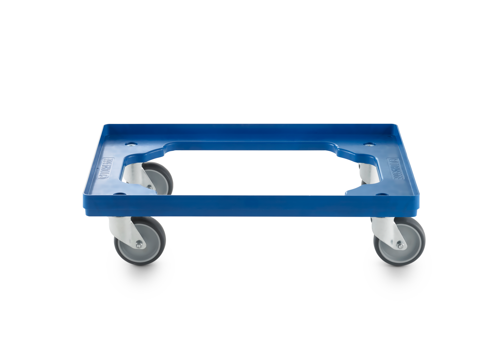 A blue plastic transport trolley features a rectangular frame with an open center and mounting areas. It is equipped with four rotating wheels, designed for easy movement in an industrial setting.
