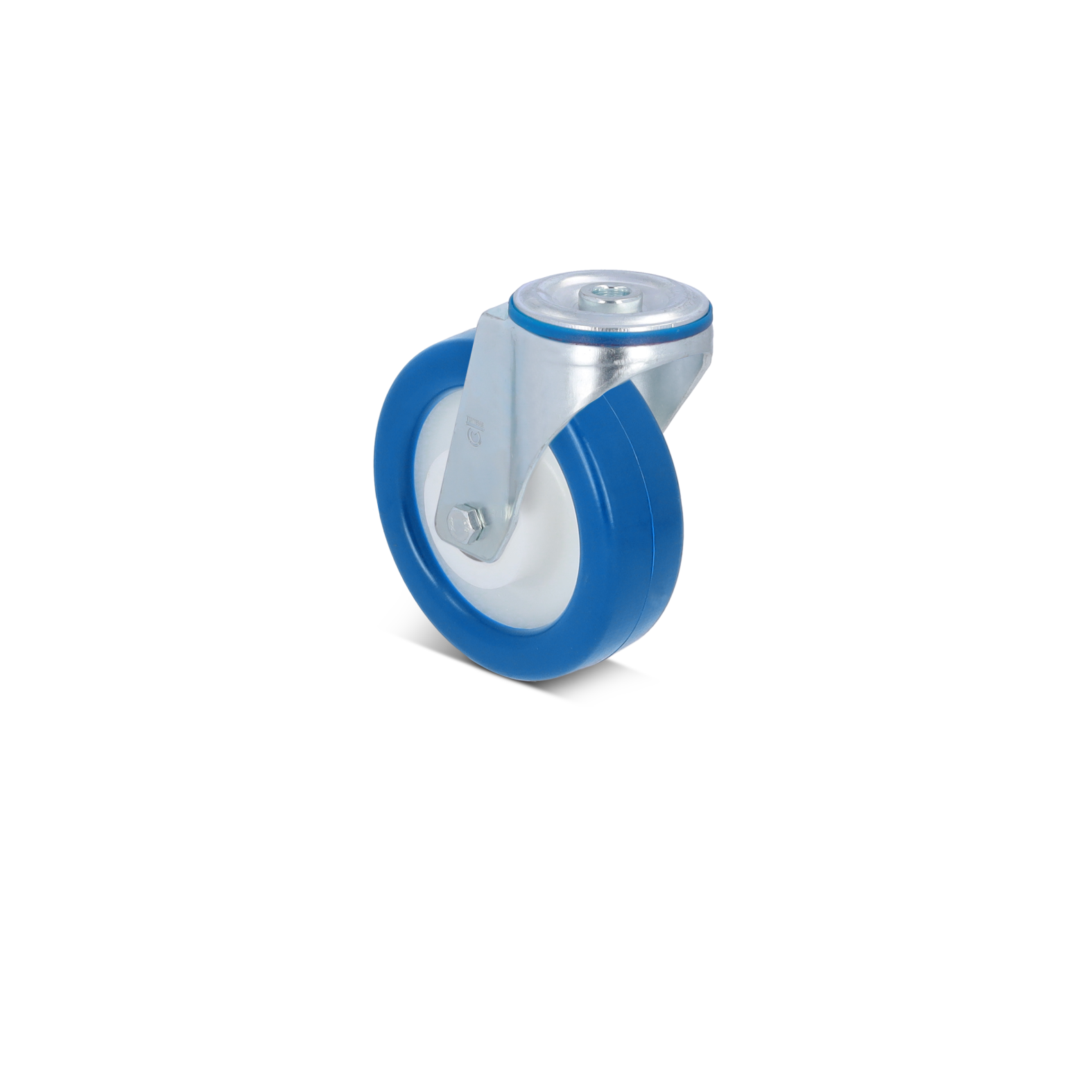 Een blauw rubberen wieltje met een metalen bevestiging en een plat bovenstuk. Het wieltje is gemaakt van twee materialen: een blauwe buitenrand en een witte binnenring, en is ontworpen voor gebruik in industriële toepassingen.