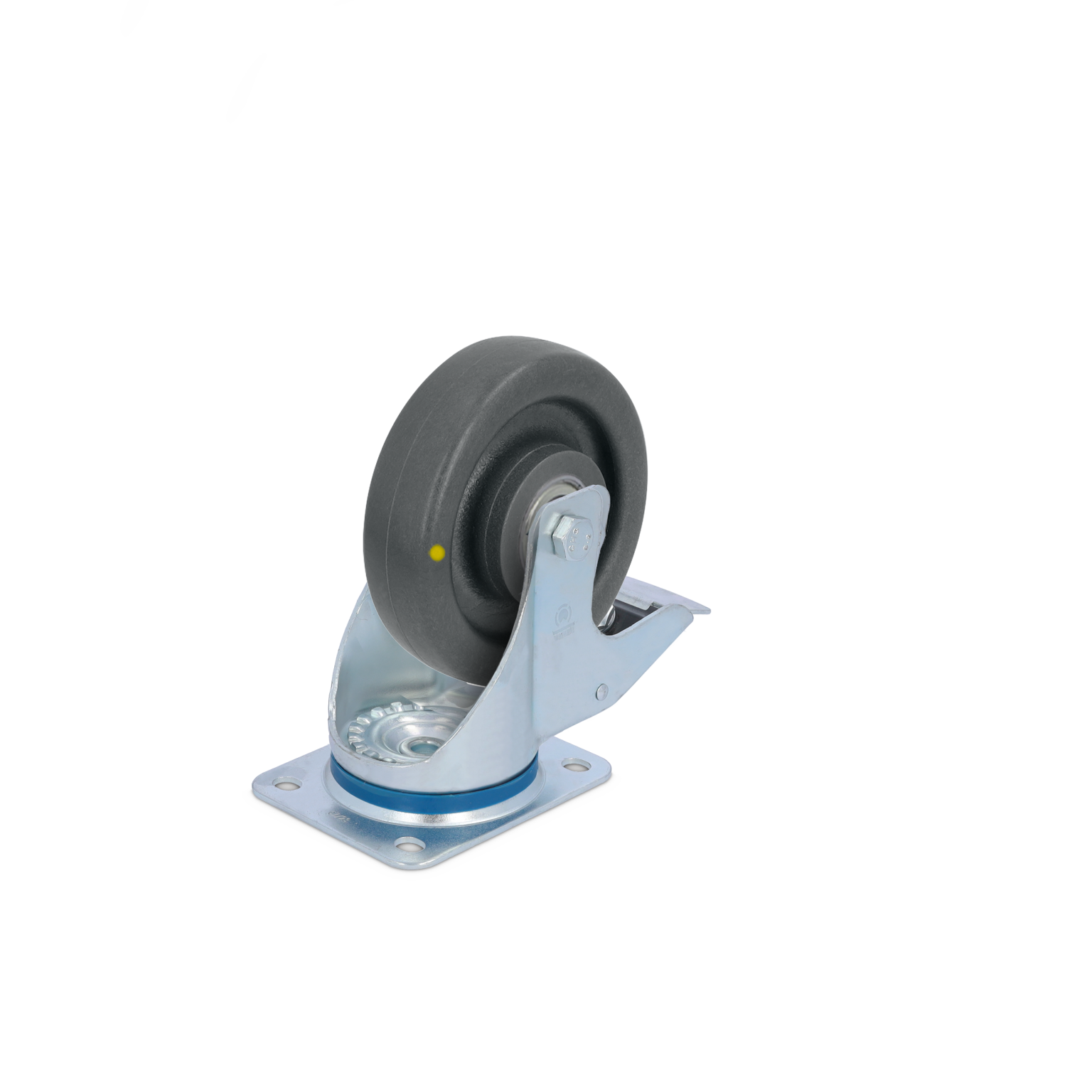 Zwenkwiel met een zwarte rubberen band en metalen bevestigingsplaat. Het wiel is bevestigd aan een metalen frame en ziet eruit als een component voor transport of mobiele apparatuur.