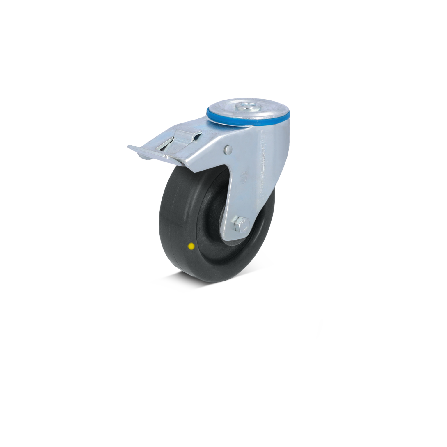 Zwenkwiel met een zwarte rubberen band en een metalen bevestigingsplaat. Het wiel heeft een blauwe ring op de bovenkant en is geplaatst tegen een gekleurde achtergrond.