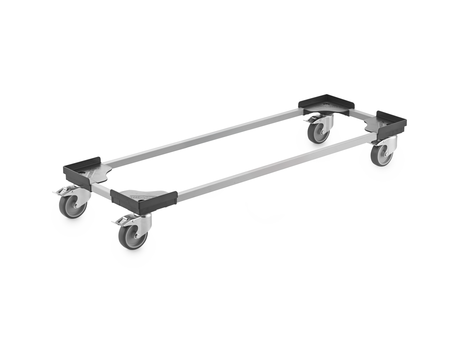 A transport trolley features a rectangular metal frame with two pairs of swivel castors mounted on the corners. It is positioned against a plain background, showcasing its structural simplicity and functionality.