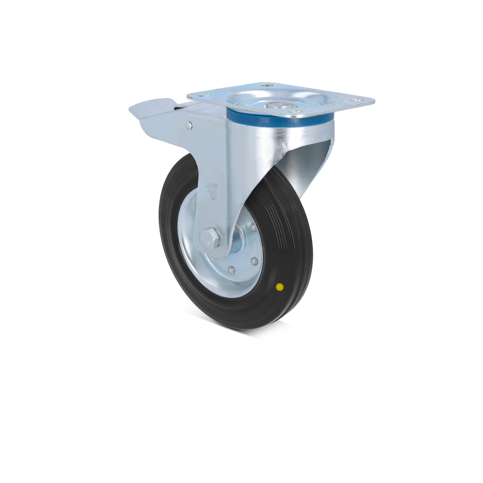 A heavy-duty swivel castor features a robust metal mounting plate, a nylon wheel with a black rubber outer layer, and a shiny metallic finish on the bracket. The background is minimal and bright.